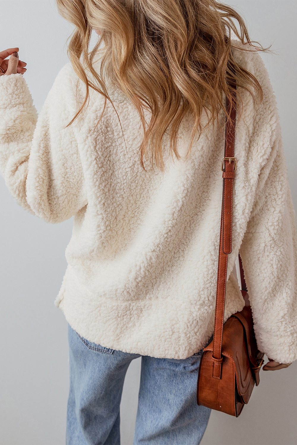 White Solid Fleece High Neck Drop Shoulder Pullover Sweatshirt - loveforevers