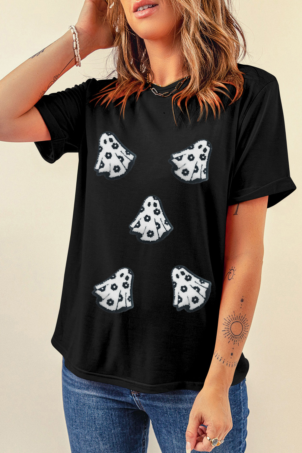 White Playful Ghost Patched Cotton Blend T Shirt - loveforevers