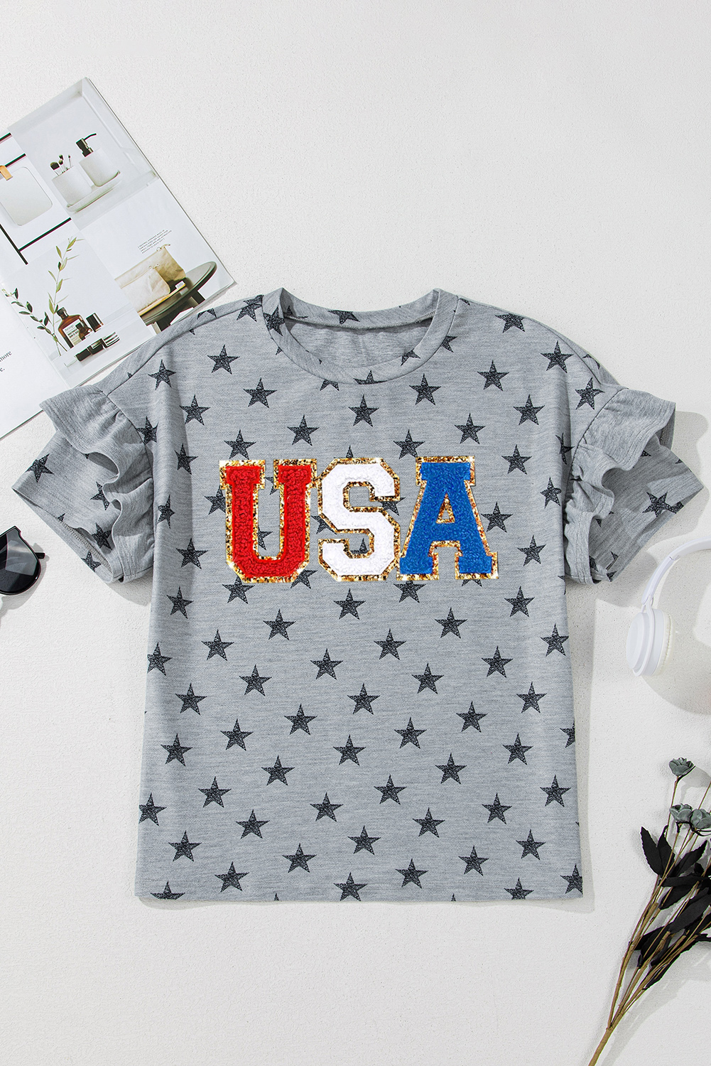 Gray USA Letter Patched Star Printed Ruffle Trim Sleeves Loose Tee - loveforevers