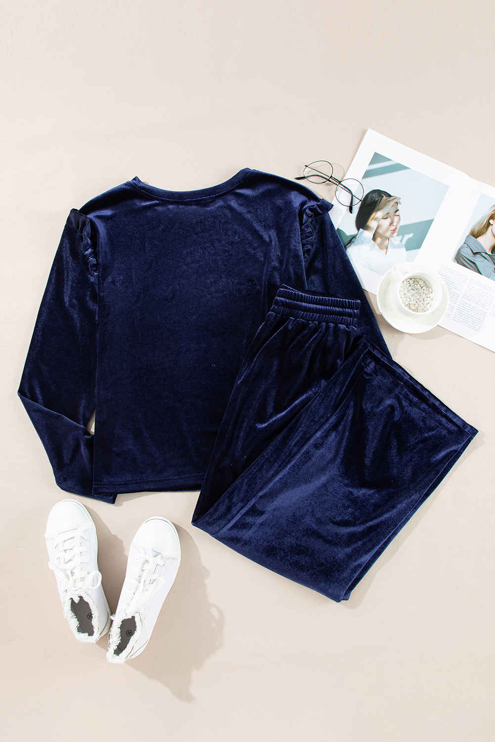 Navy Blue Solid Velvet Ruffled Two Piece Pants Set - loveforevers