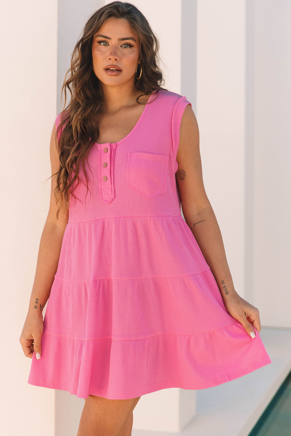 Bright Pink Waffle Textured Button Round Neck A-line Tiered Sleeveless Dress - loveforevers