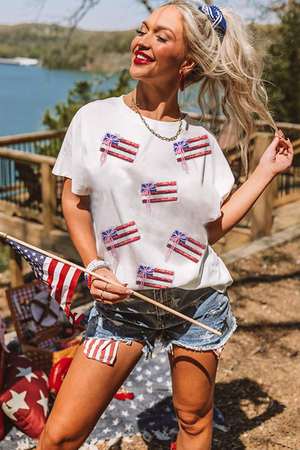 White Sequin Bow American Flag Patched T Shirt - loveforevers