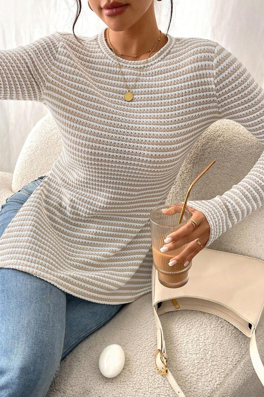 Jet Stream Striped Knit Side Slit Slim Round Neck Tunic Top - loveforevers