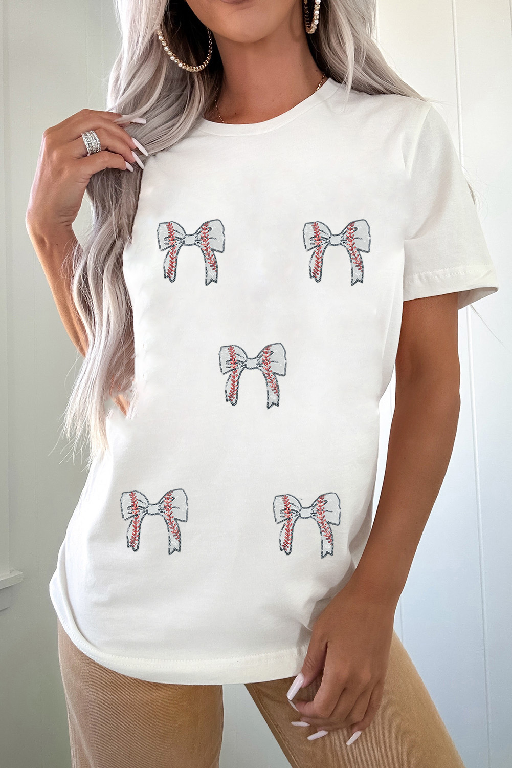 Black Glitter Baseball Bow Patched Cotton Blend T Shirt - loveforevers