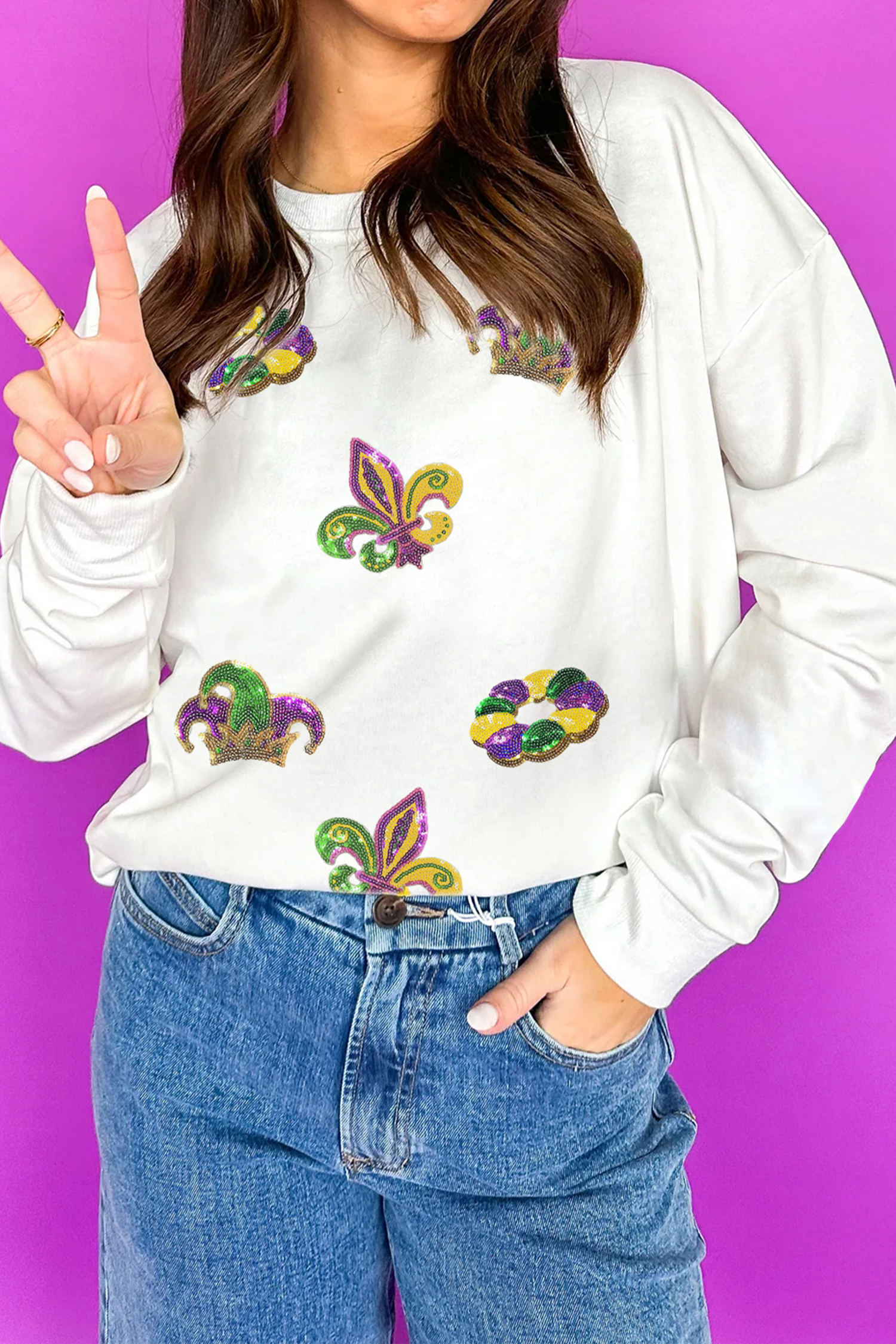 White Mardi Gras Sequin Crown Fleur De Lis Pullover Sweatshirt - loveforevers