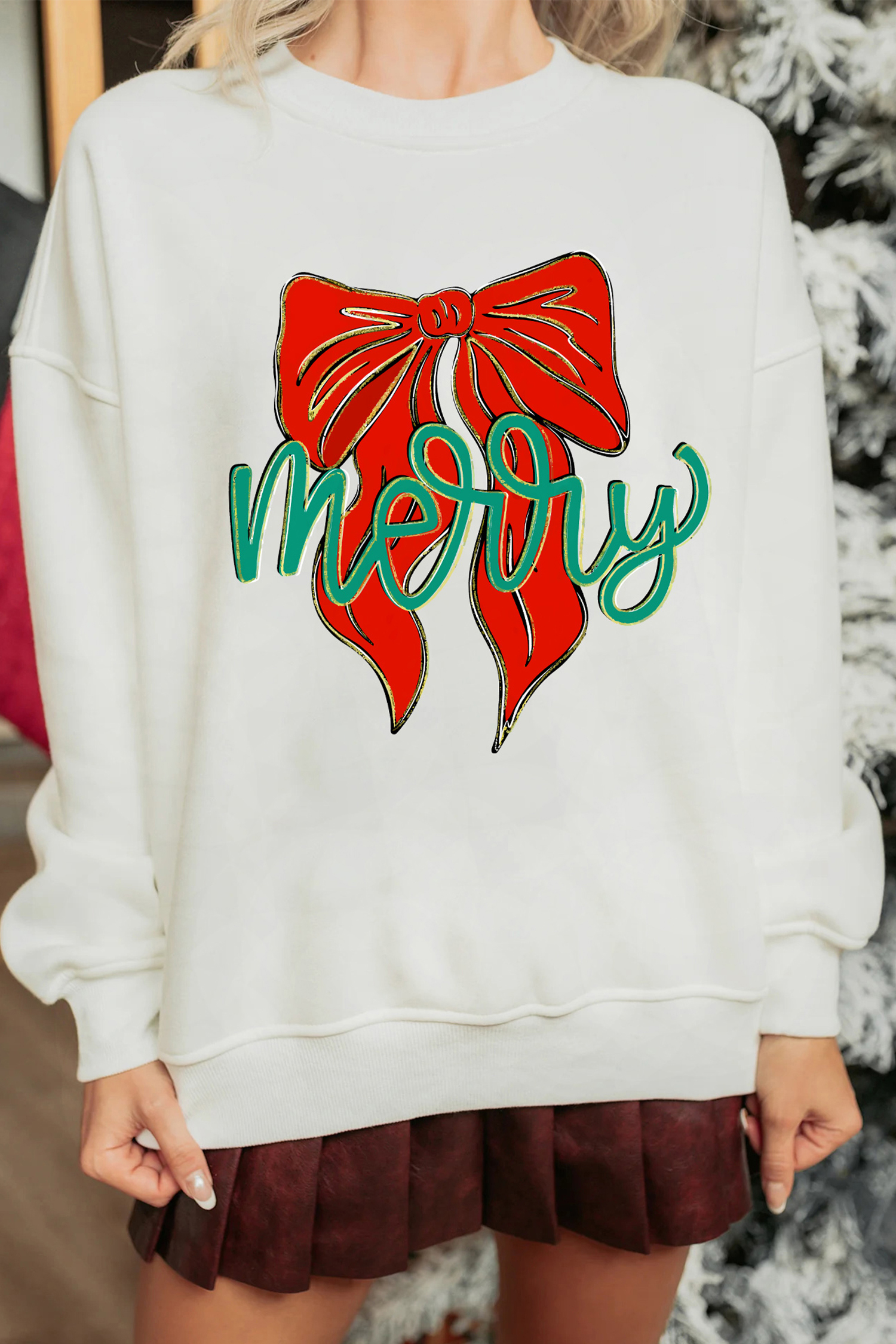 White merry Festive Bow Print Drop Shoulder Loose Pullover Sweatshirt - loveforevers