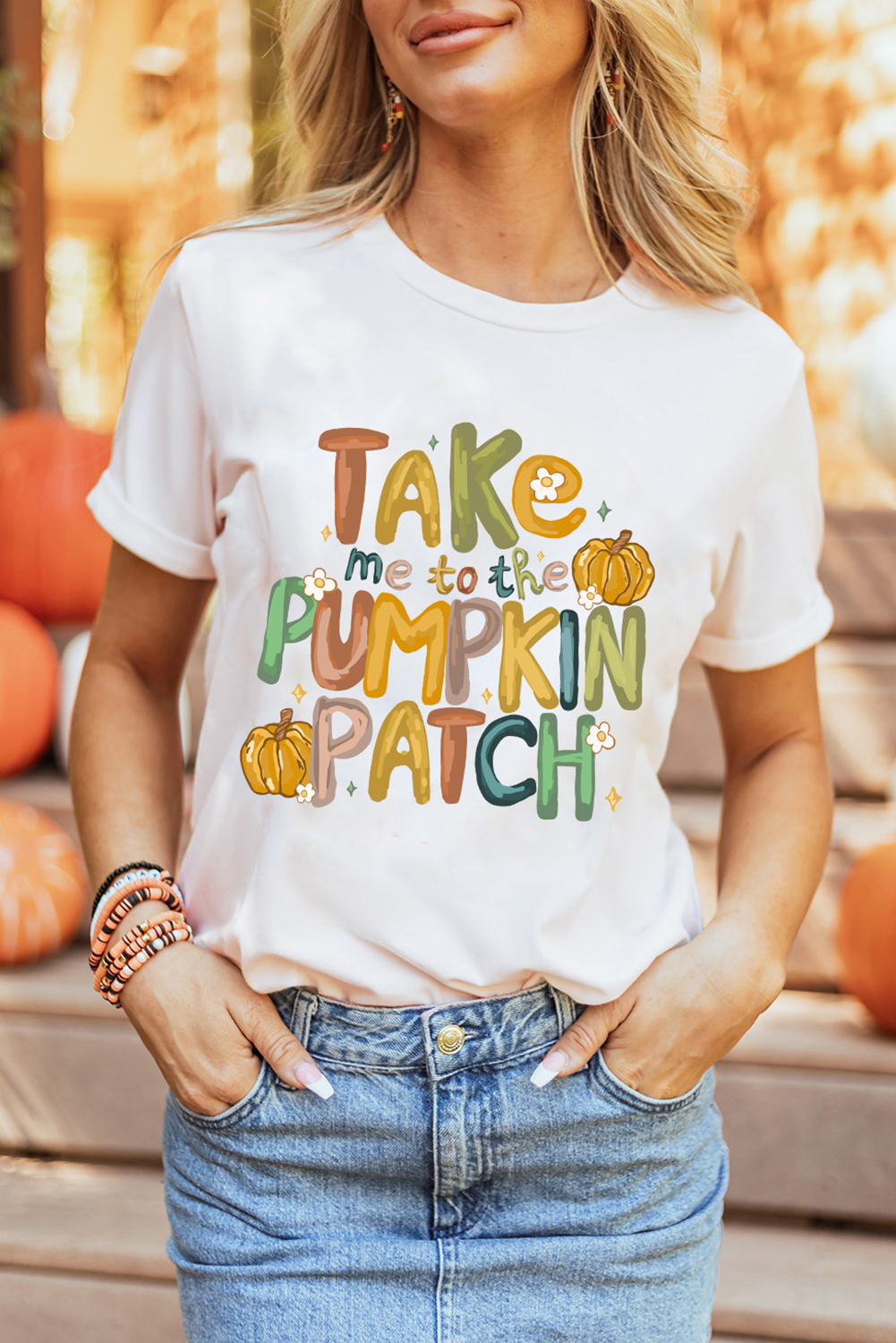 White Take Me To The Pumpkin Patch Cotton Blend T Shirt - loveforevers