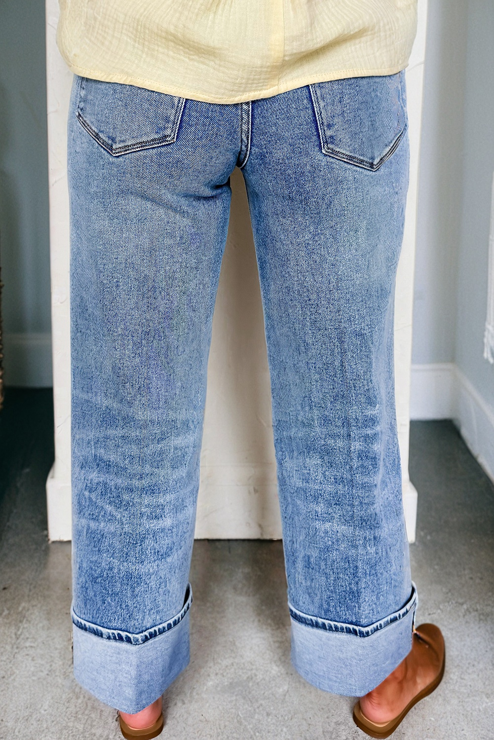 Myosotis Center Seam Cuffed Hem Straight High Waist Jeans - loveforevers