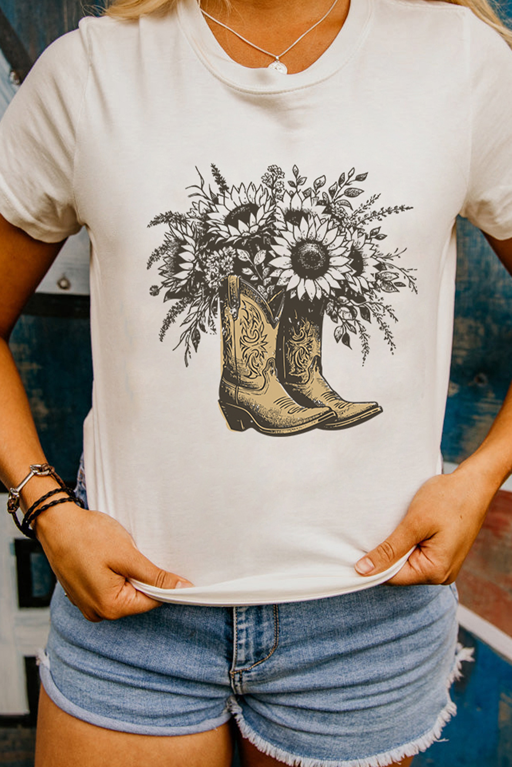 White Sunflower Cowgirl Boots Cotton Blend Graphic Tee - loveforevers