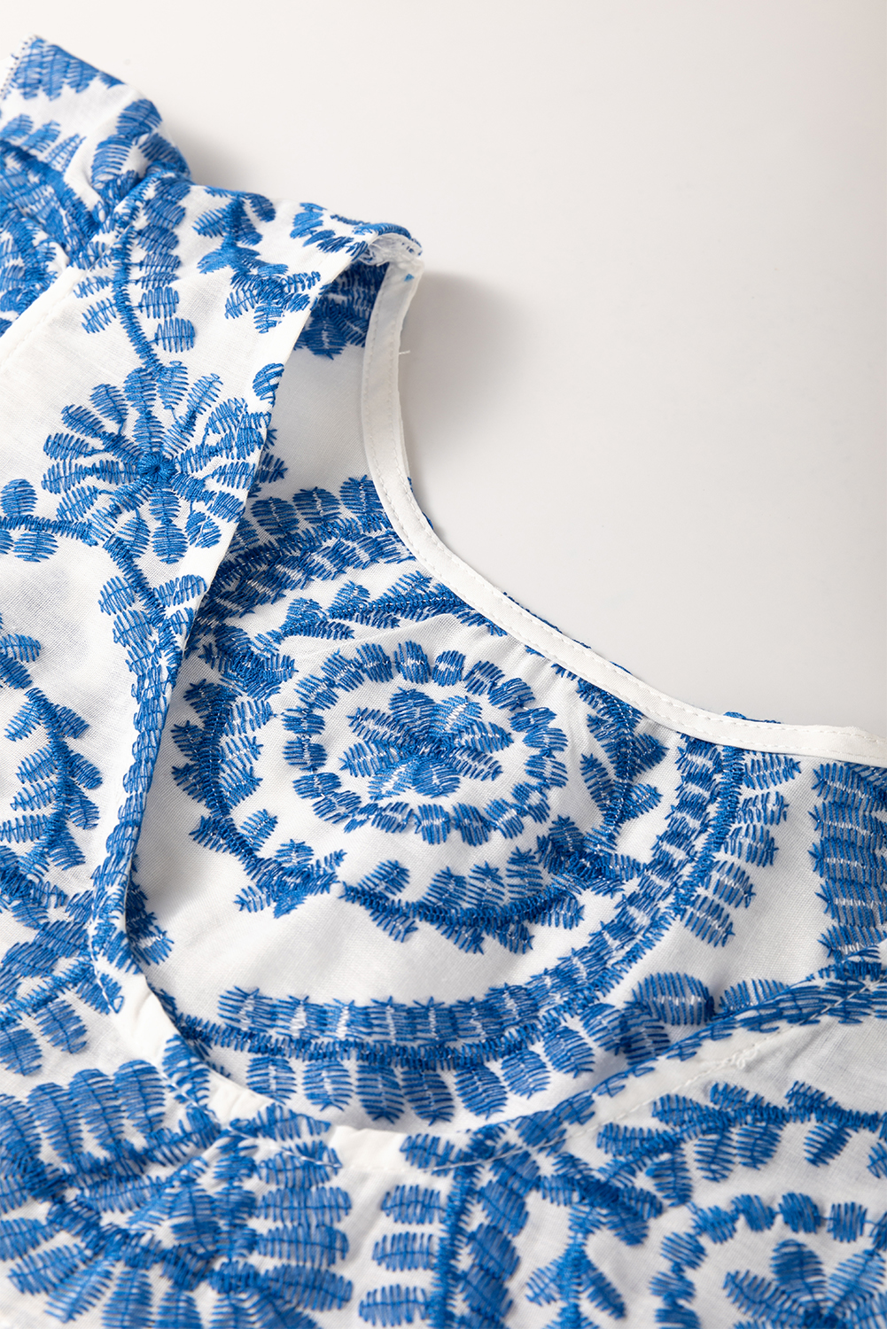Blue Boho Print Flutter Sleeve Crew Neck Blouse - loveforevers