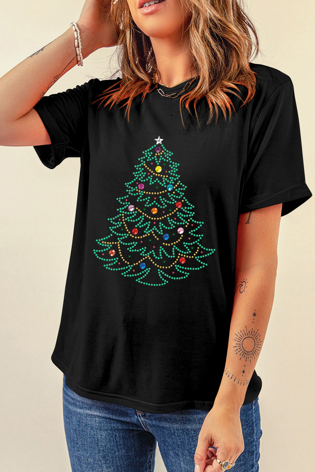Black Rhinestone Christmas Tree Round Neck Graphic Tee - loveforevers