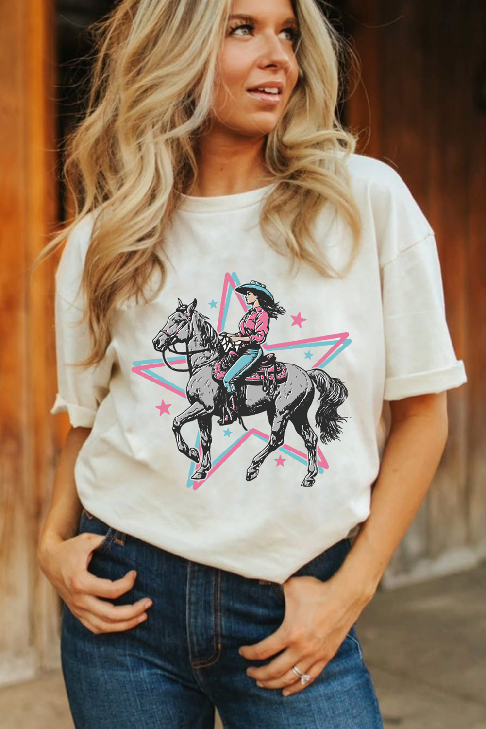 White Star Cowgirl Graphic Round Neck T Shirt - loveforevers