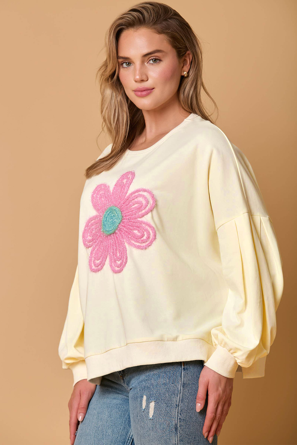 Beige Tinsel Flower Dropped Puff Sleeve Sweatshirt - loveforevers