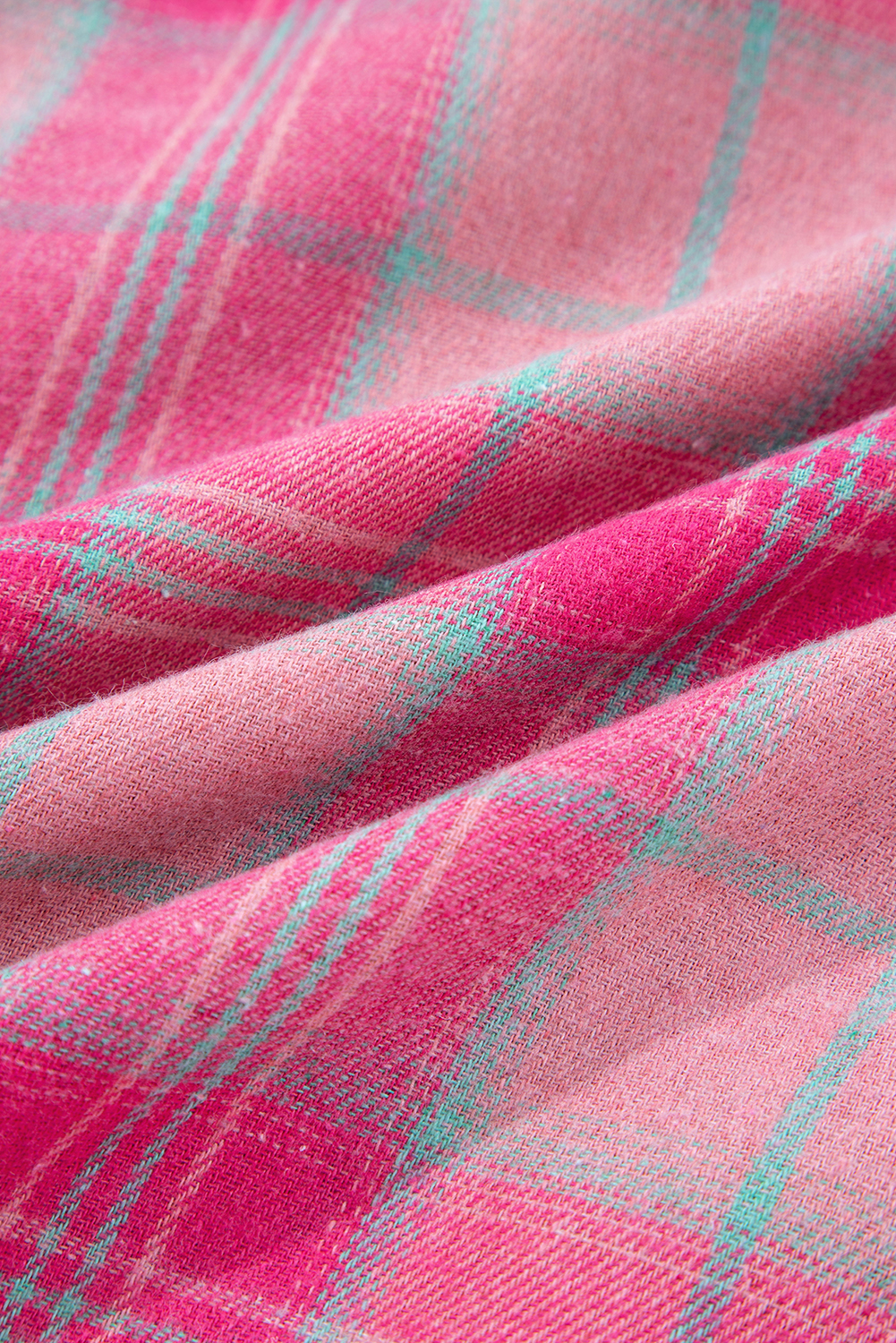 Sachet Pink Plaid Print Rounded Hem Long Sleeve Shirt with Pockets - loveforevers