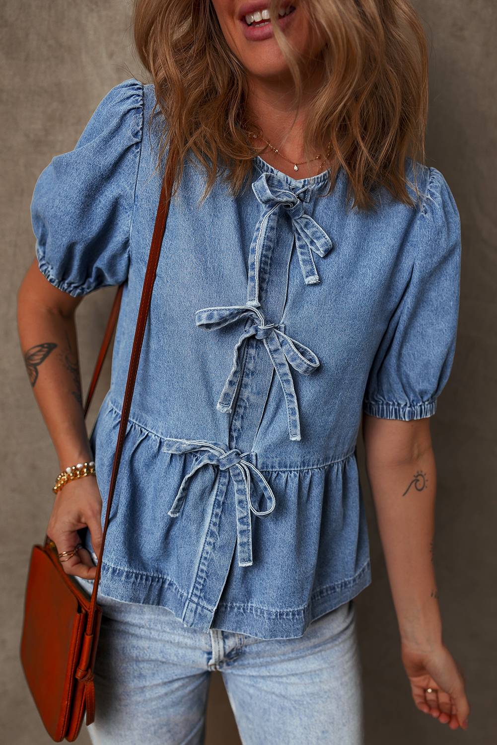 Dusk Blue Tied Front Bubble Sleeve Peplum Denim Shirt - loveforevers
