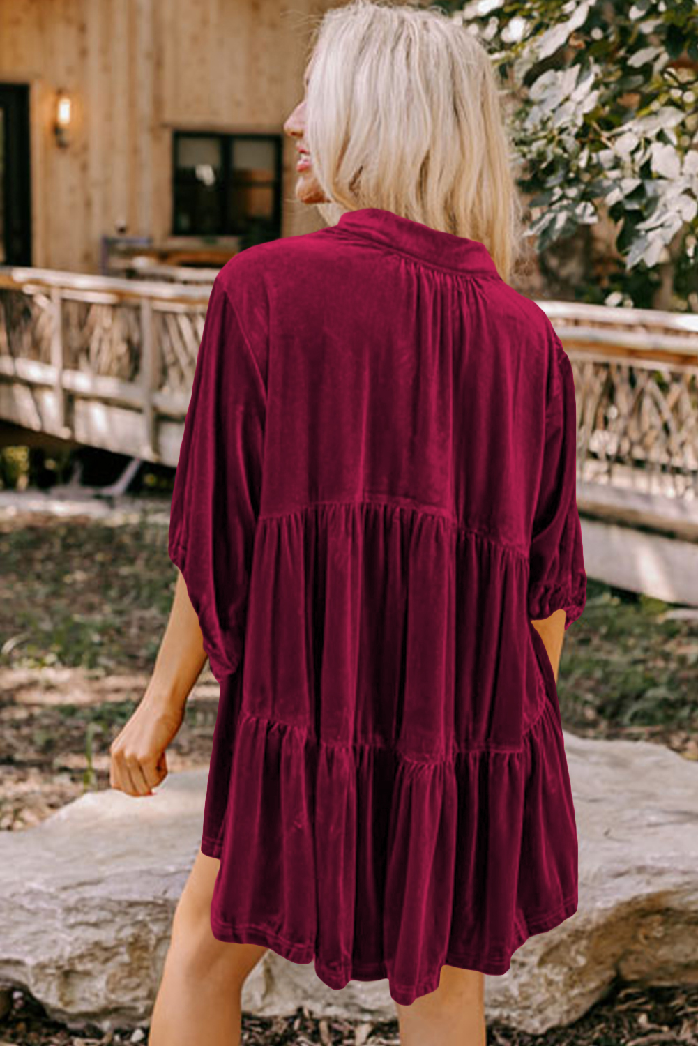 Burgundy 3/4 Sleeve Tunic Babydoll Velvet Shirt - loveforevers