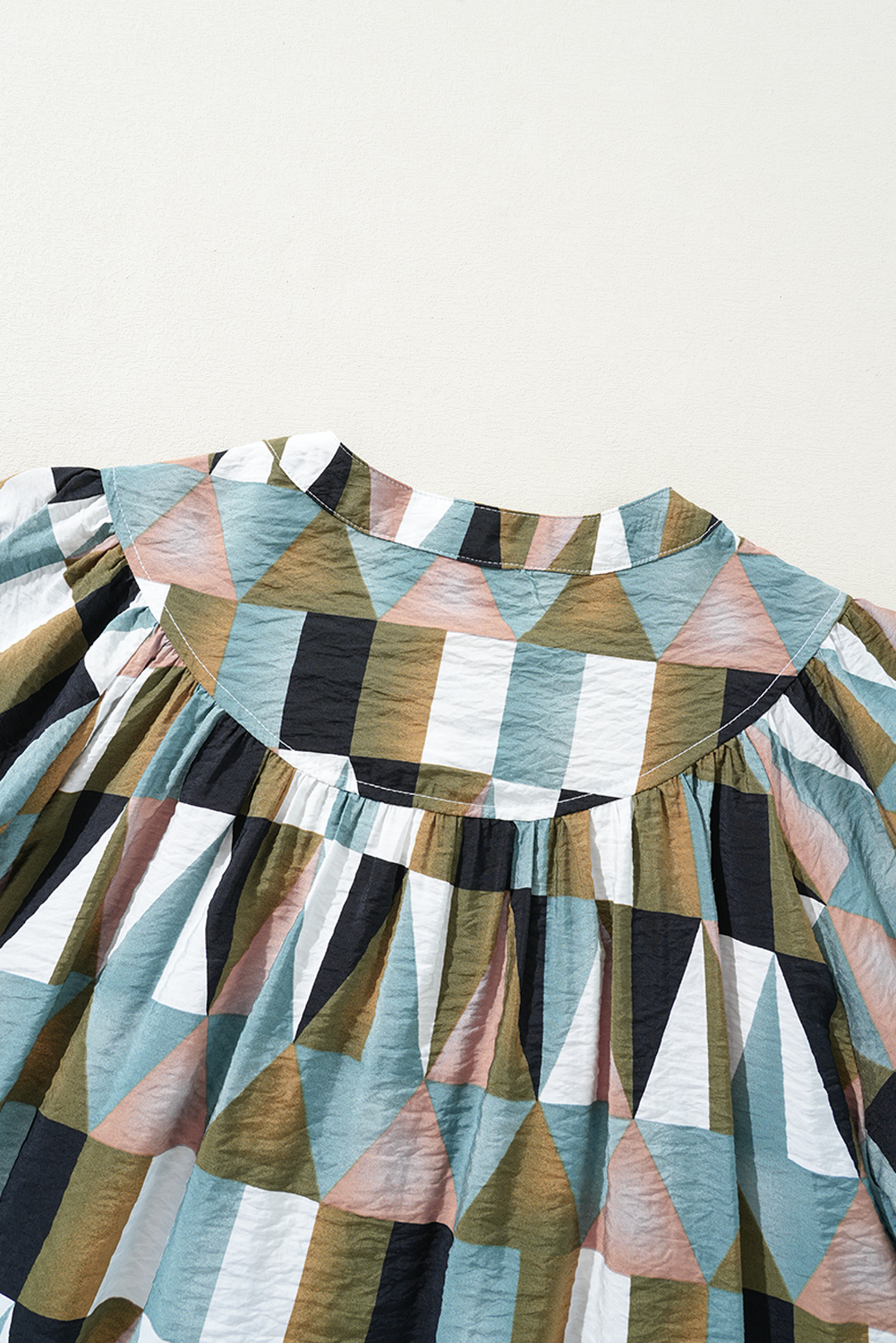 Green Geometric Print Buttoned Balloon Sleeve Loose Fit Shirt - loveforevers