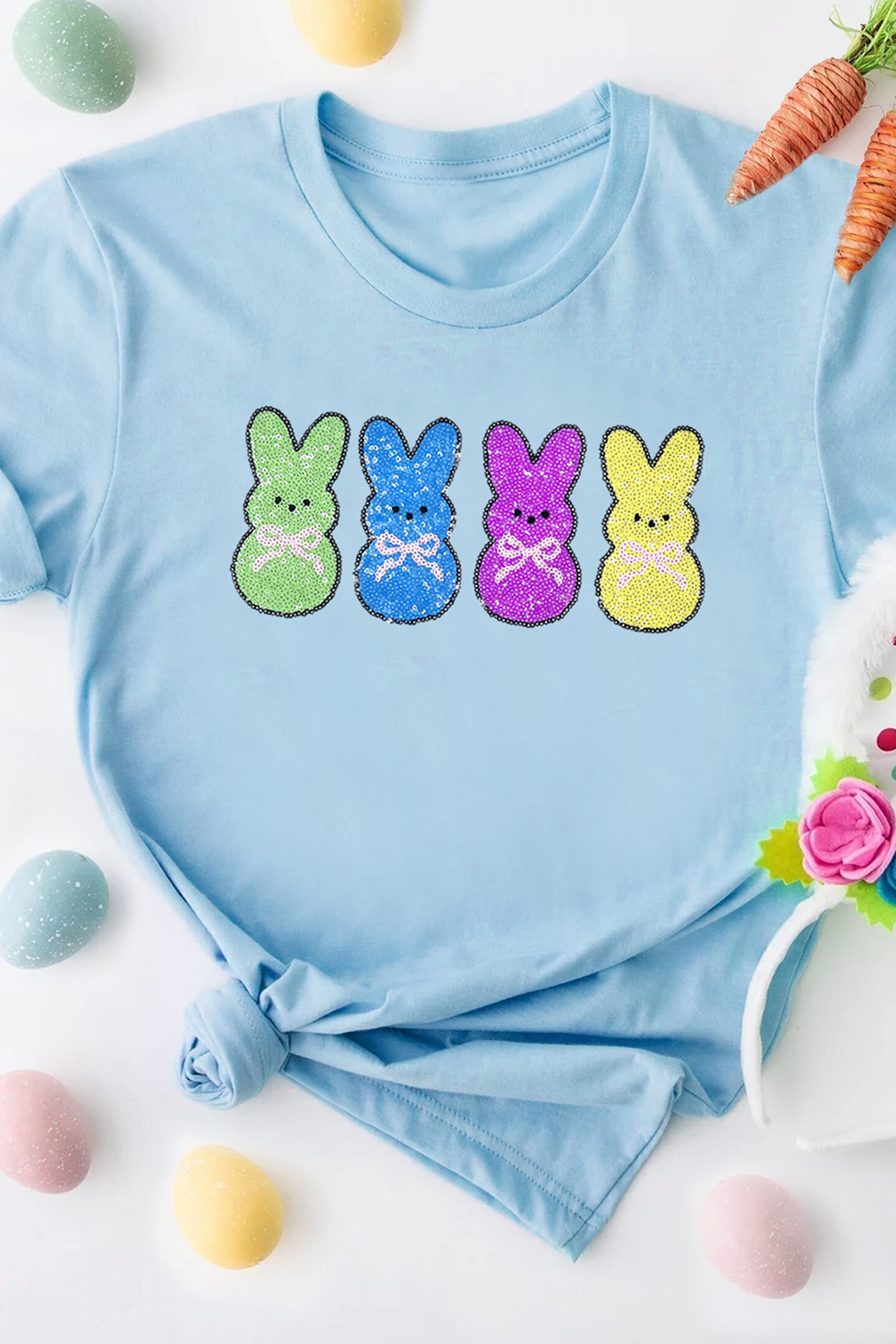 Light Blue Sequin Bunny Doll Graphic Casual T Shirt - loveforevers