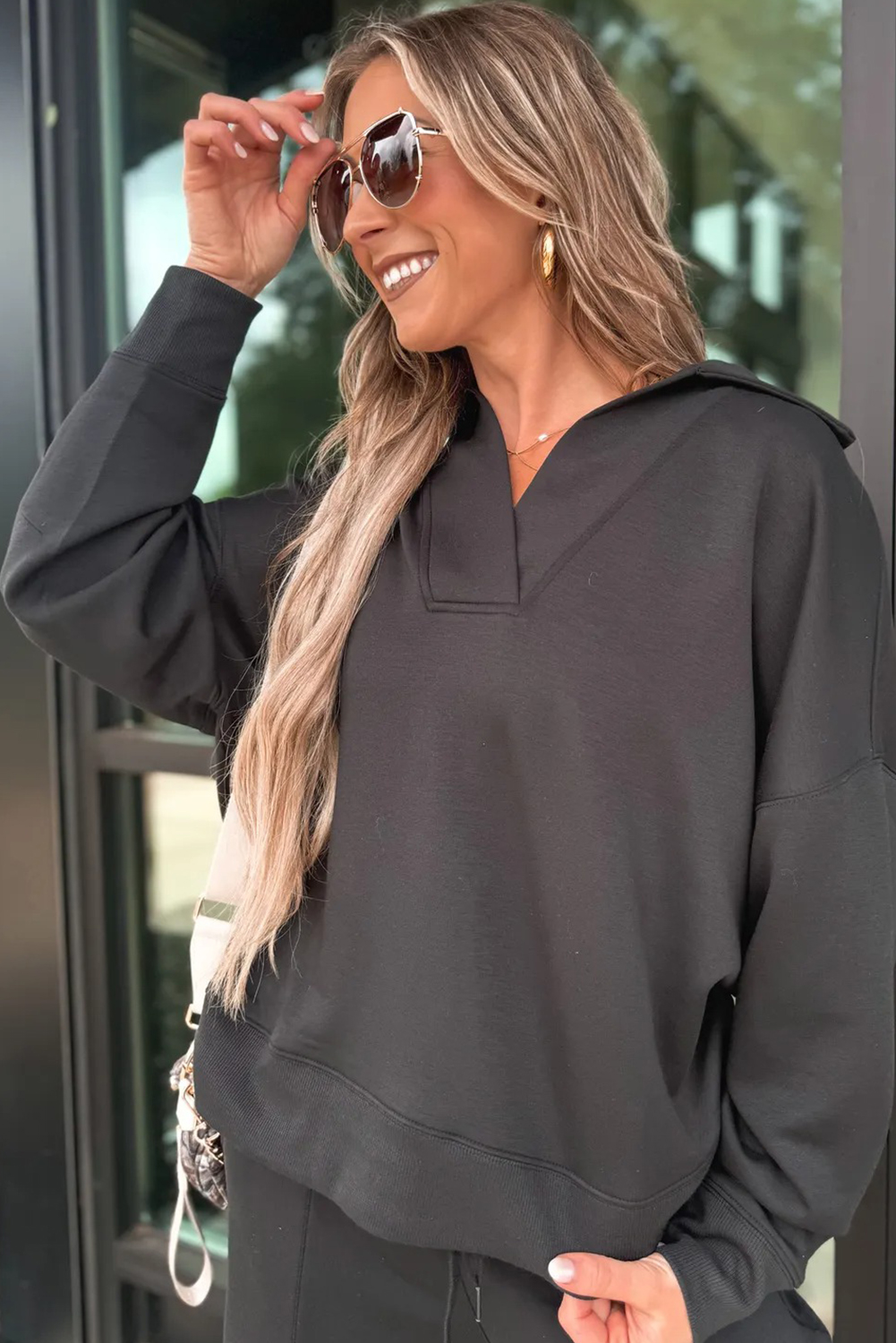 Bristol Black Collared V Neck Pullover Sweatshirt Sweatpants Set - loveforevers