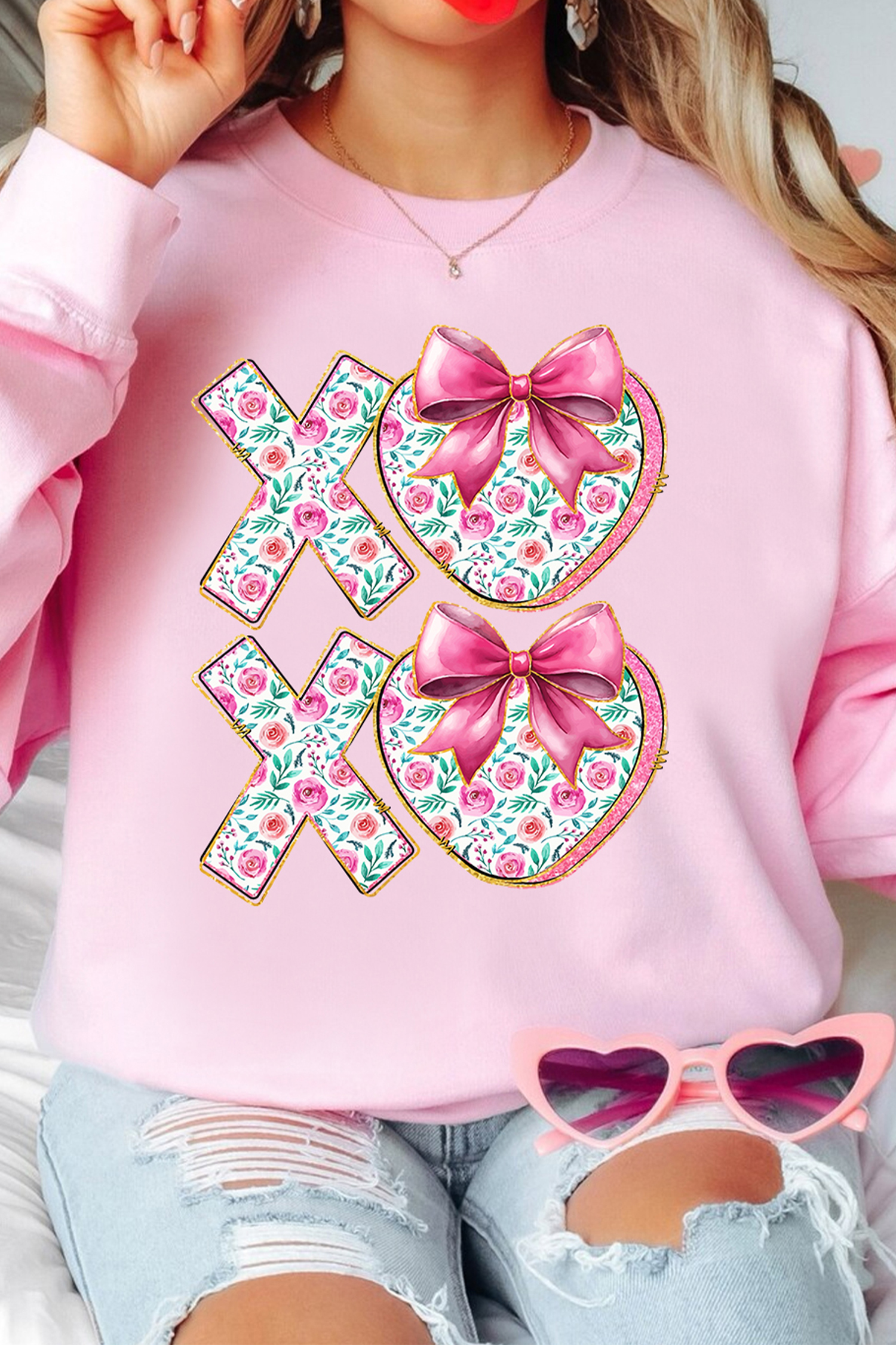 Pink Sweet Bow Floral Printed Valentines Day XOXO Sweatshirt - loveforevers