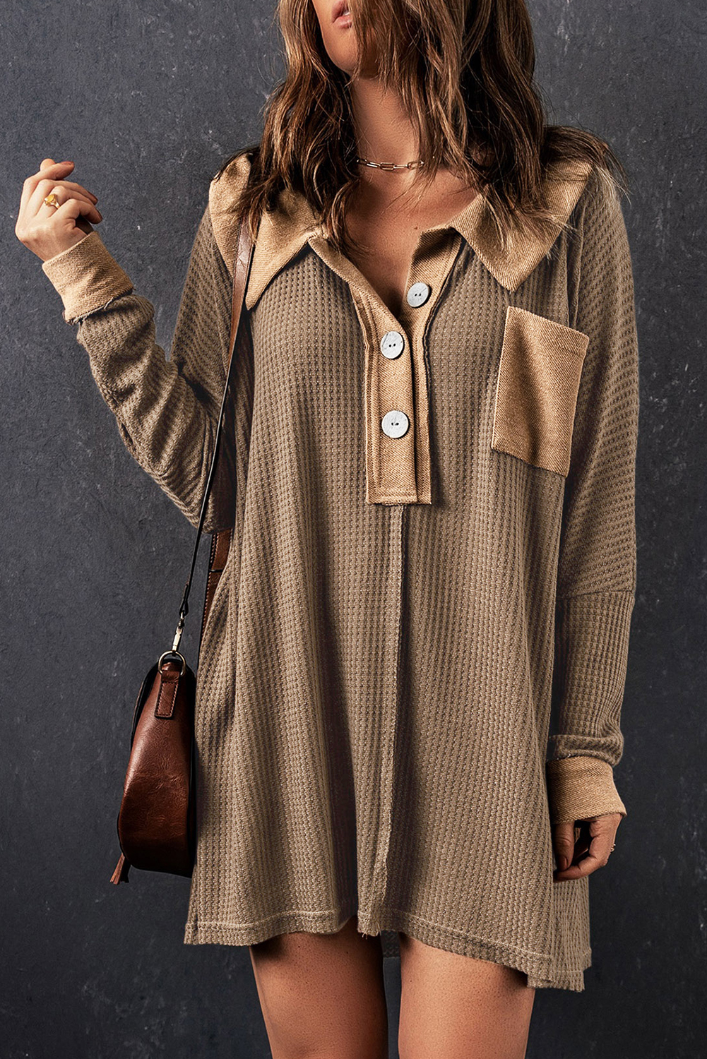 Brown Waffle Knit Buttoned Long Sleeve Top - loveforevers