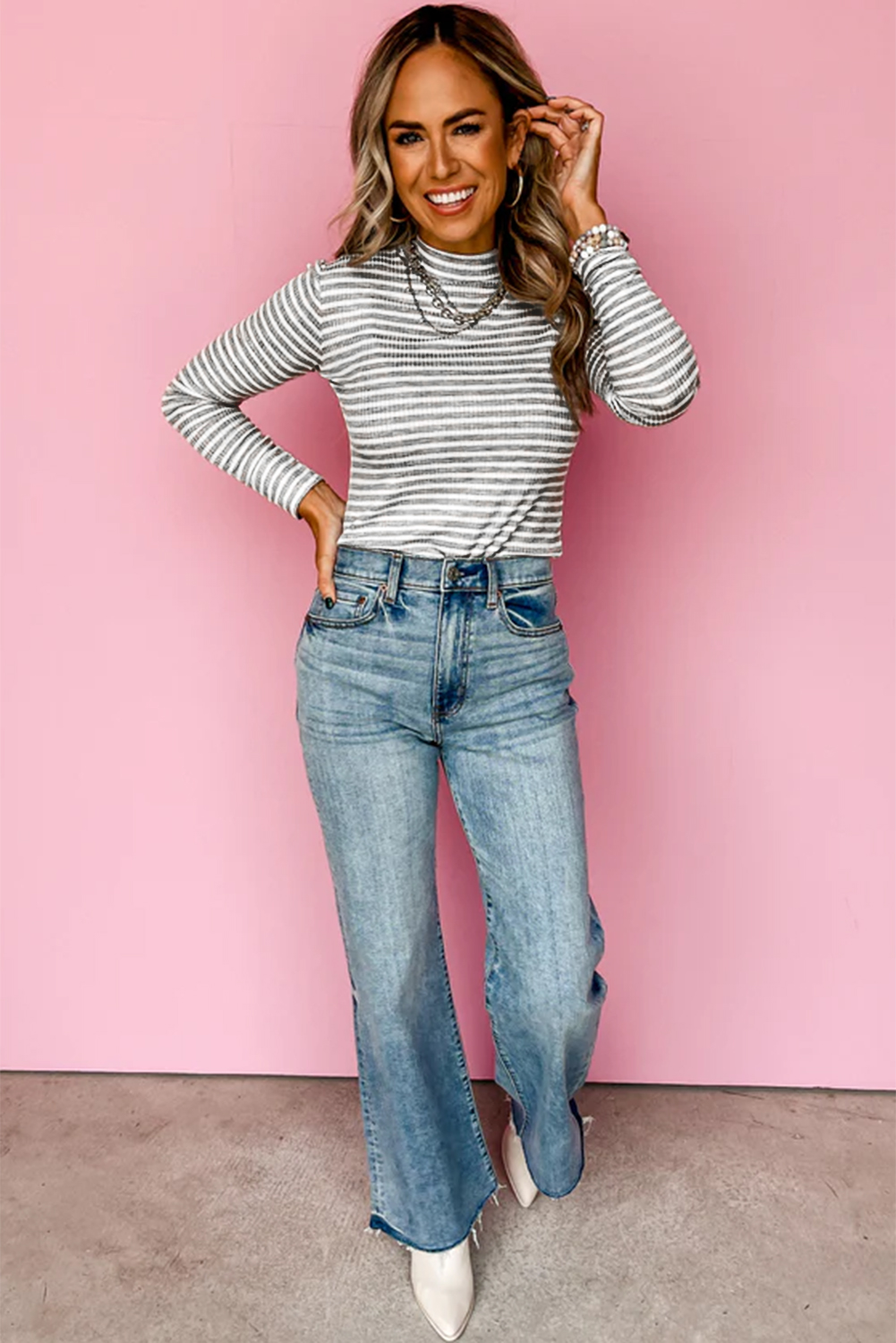 Gray Stripe Ribbed High Neck Slim Fit Long Sleeve Top - loveforevers