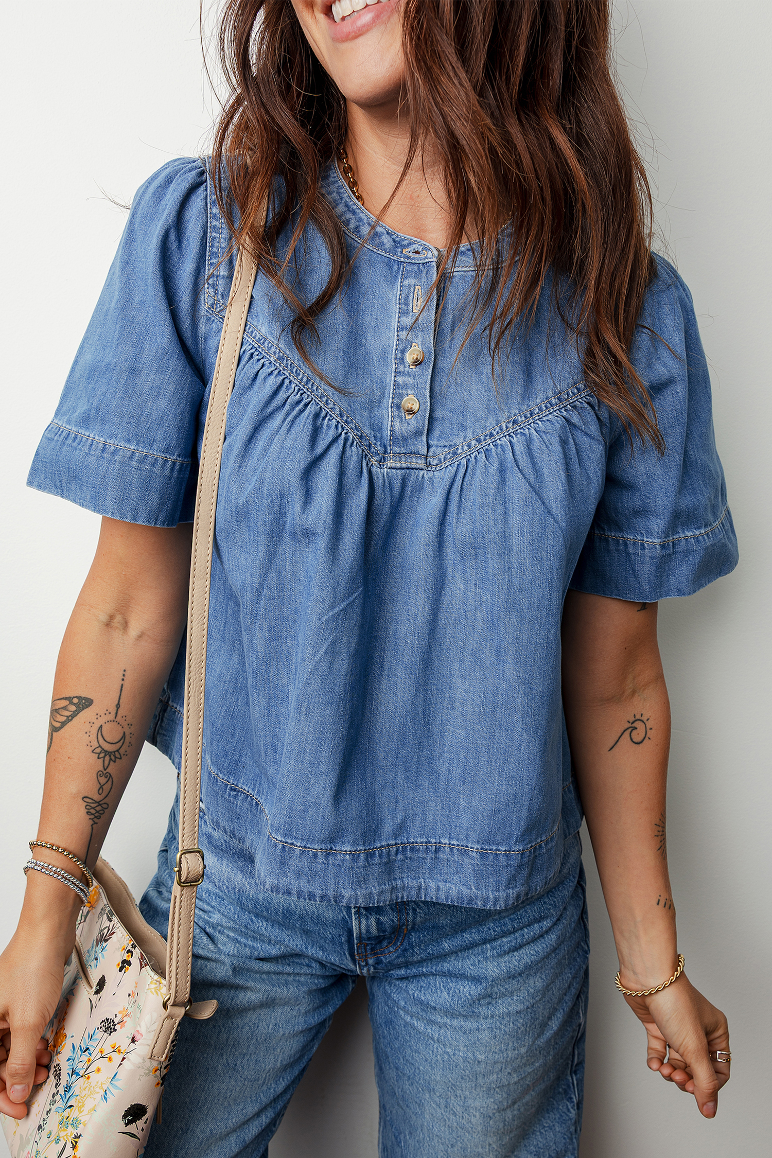 Beau Blue Seam Pleated Detail Half Button Short Sleeve Denim Top - loveforevers