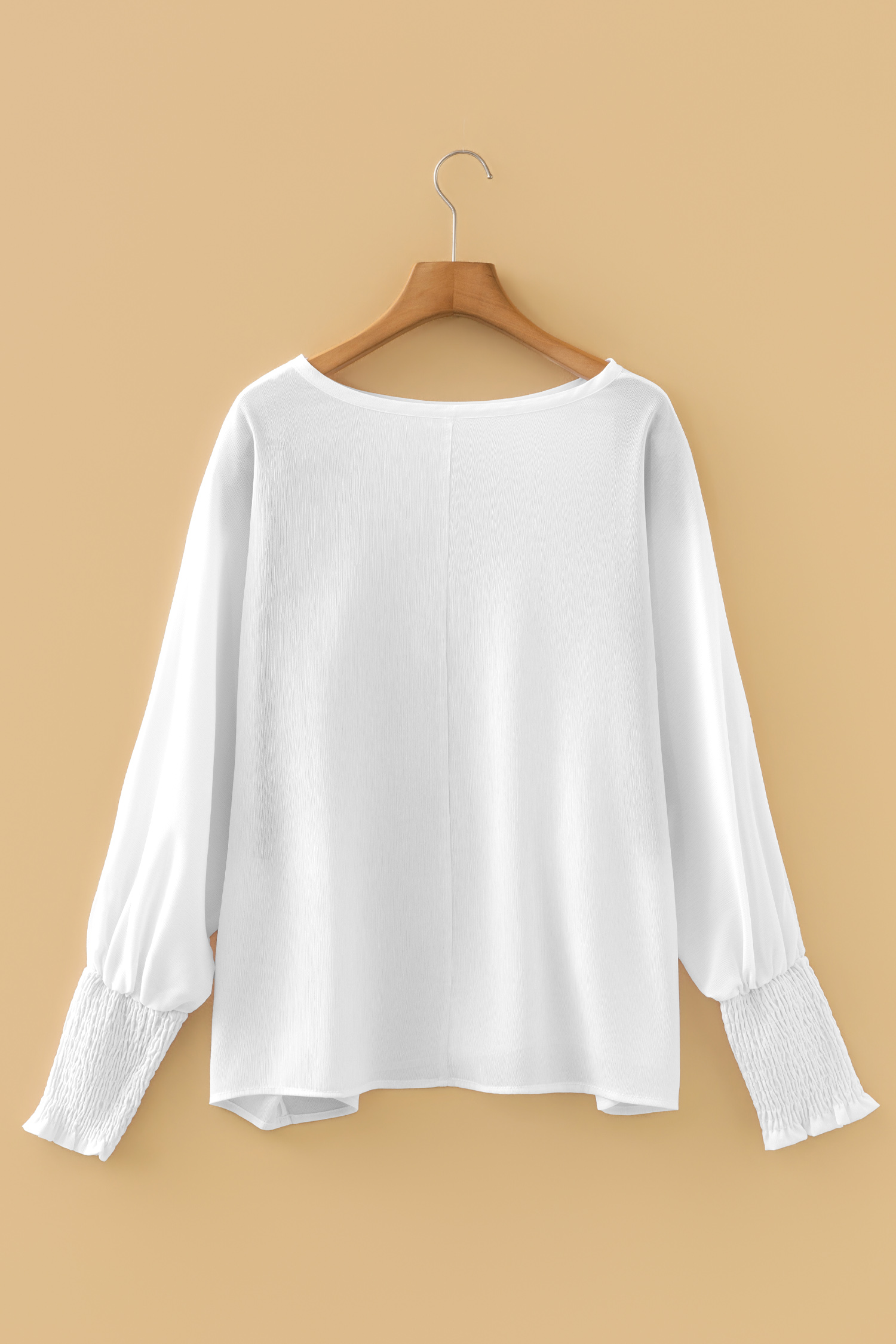 White Smocked Cuffs Semi Sheer Long Sleeve Dolman Blouse - loveforevers