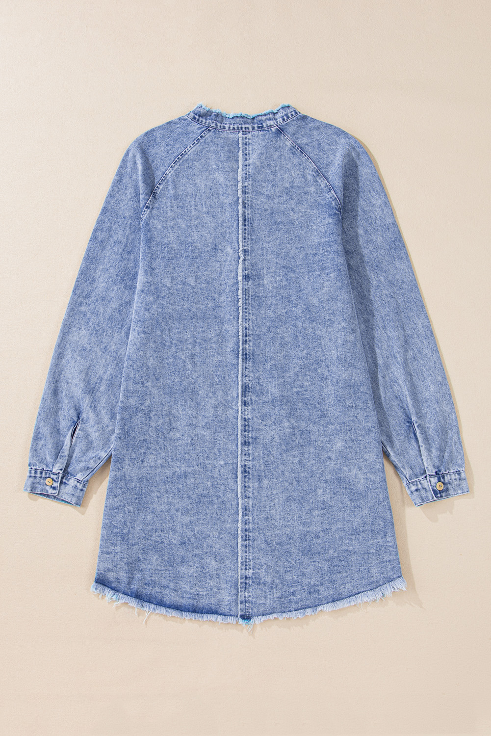Beau Blue Mineral Wash Long Sleeve Button Up Raw Hem Pocketed Denim Dress - loveforevers