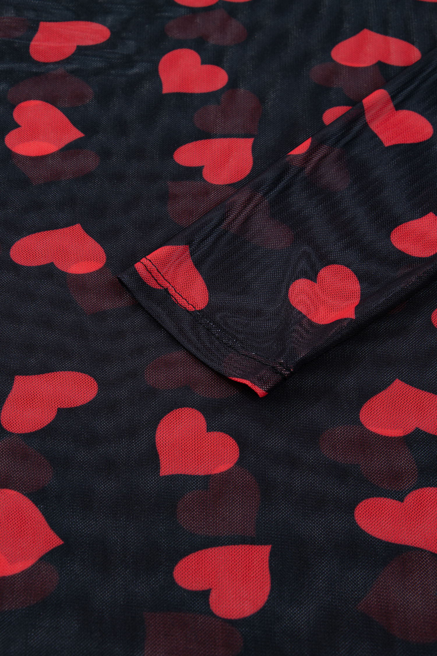Black Valentines Heart Printed Sheer Mesh Long Sleeve Top - loveforevers