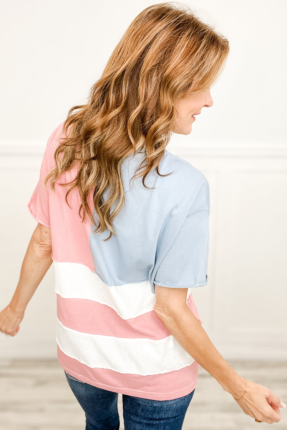 Pink Stars and Stripes Printed Crewneck Independence Day T Shirt - loveforevers