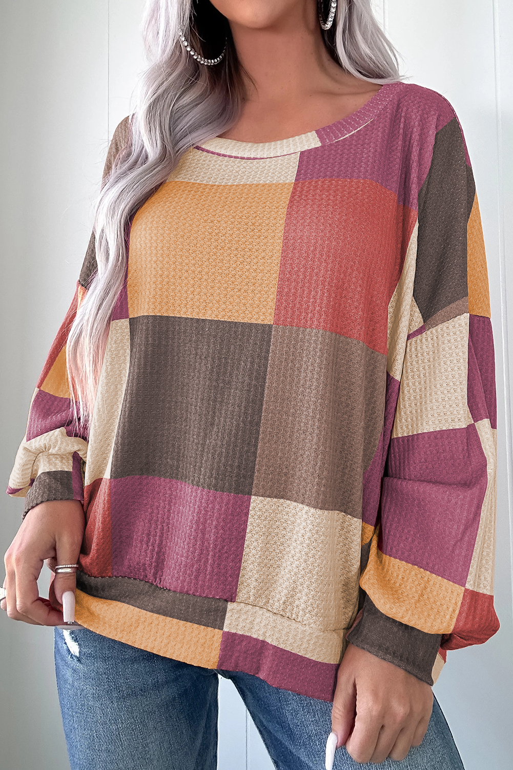 Green Checkered Print Textured Knit Long Sleeve Loose Top - loveforevers