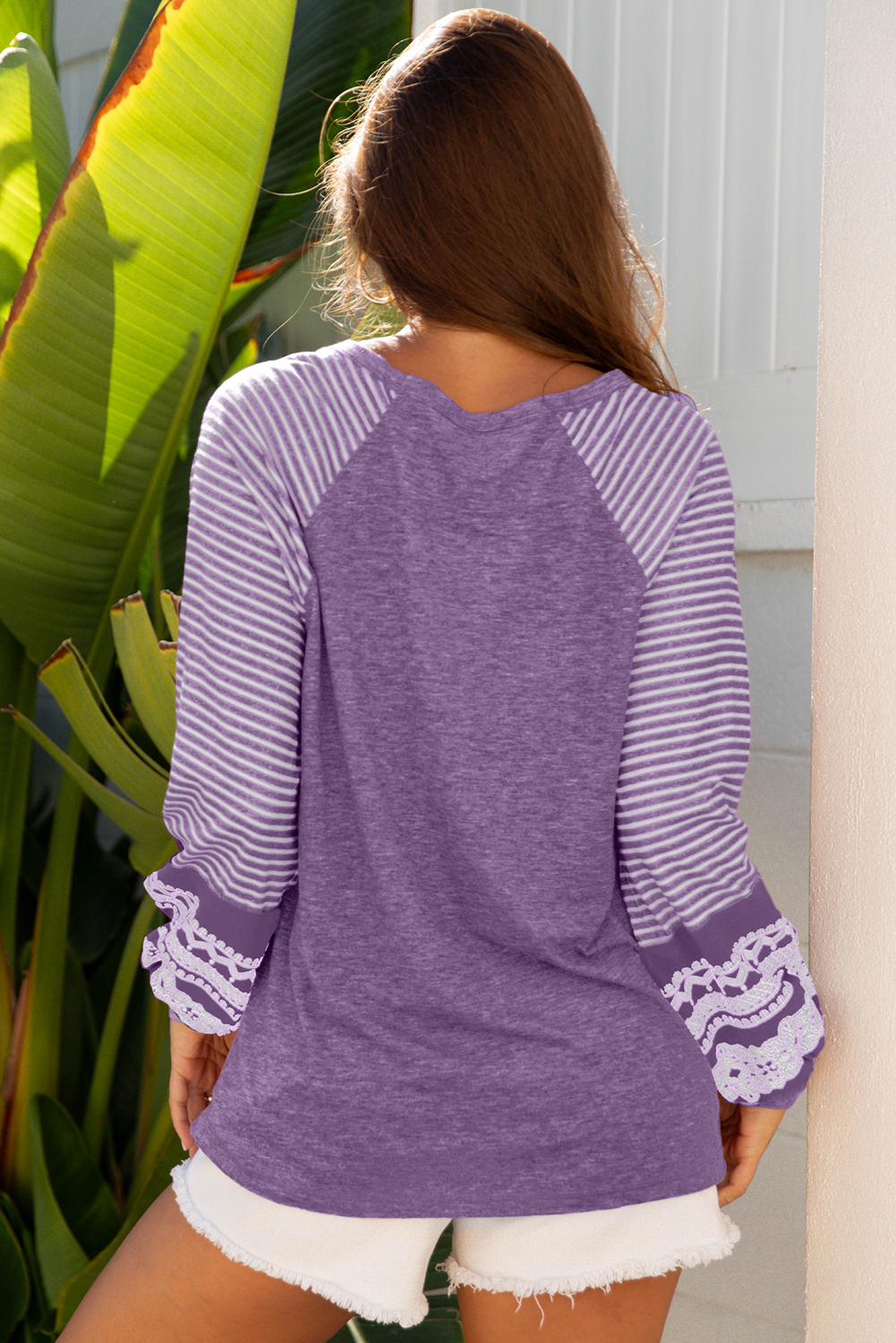 Tillandsia Purple Contrast Print Striped Raglan Long Sleeve Loose Top - loveforevers