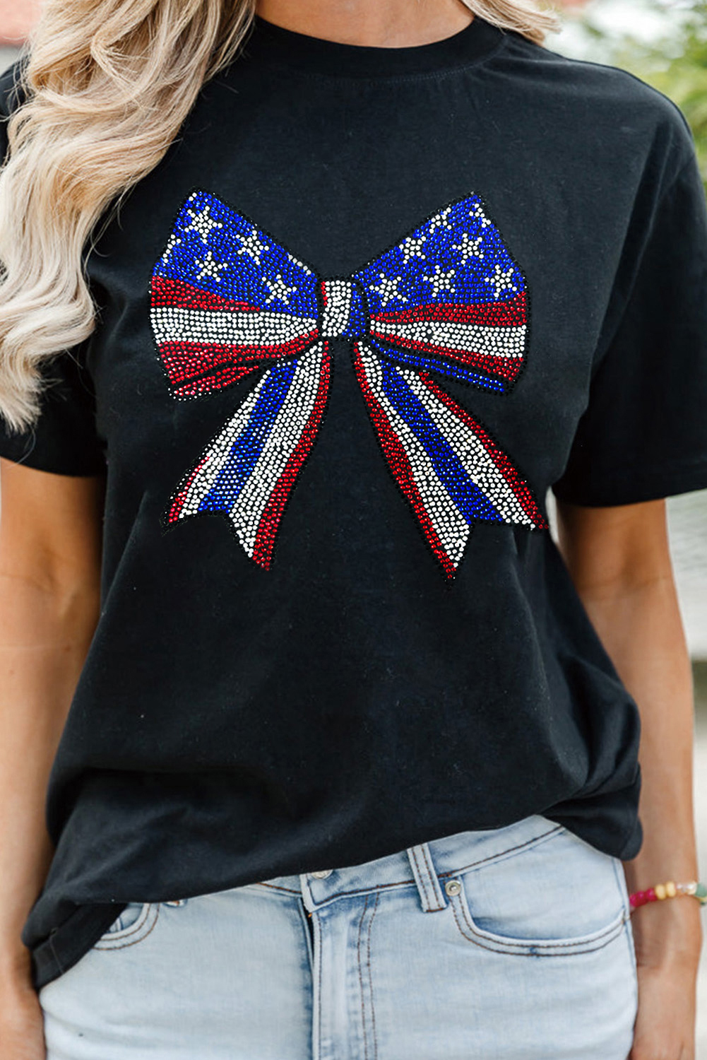 Black Rhinestone Stars and Stripes Bow Graphic Independence Day T Shirt - loveforevers