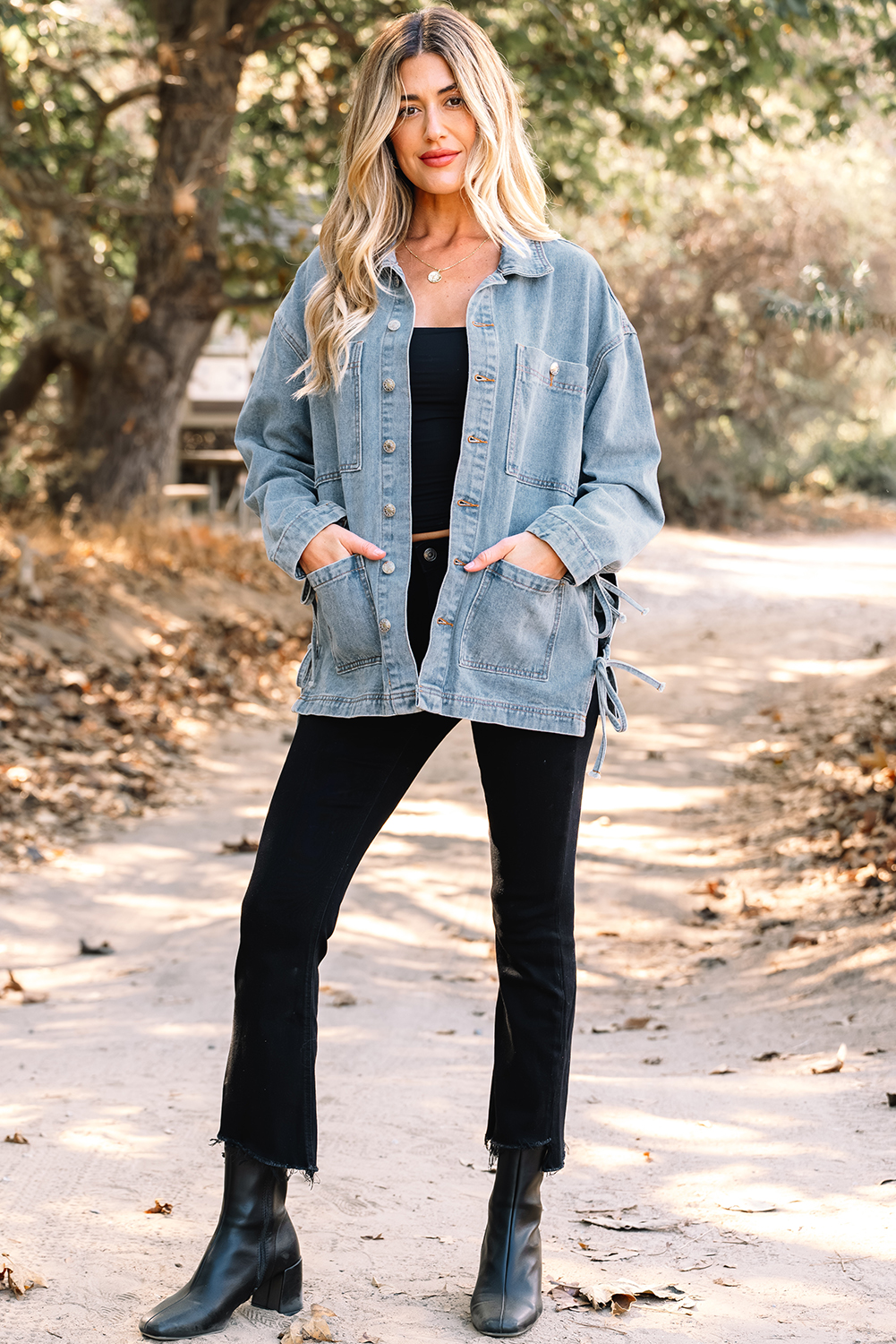 Beau Blue Multi Patched Pockets Side Tie up Boyfriend Style Denim Jacket - loveforevers