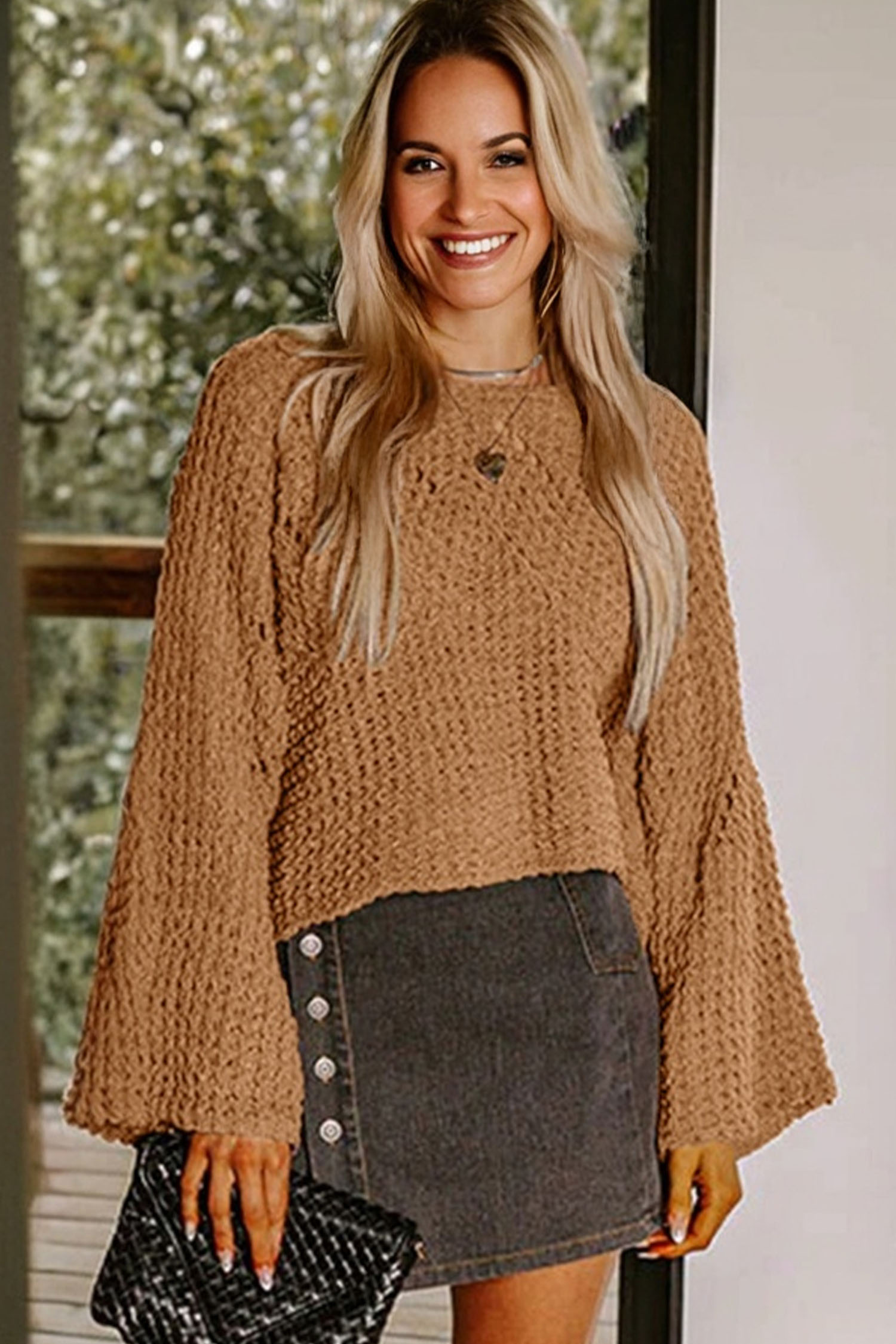 Camel Hollowed Detail Wide Sleeve Loose Pullover Sweater - loveforevers