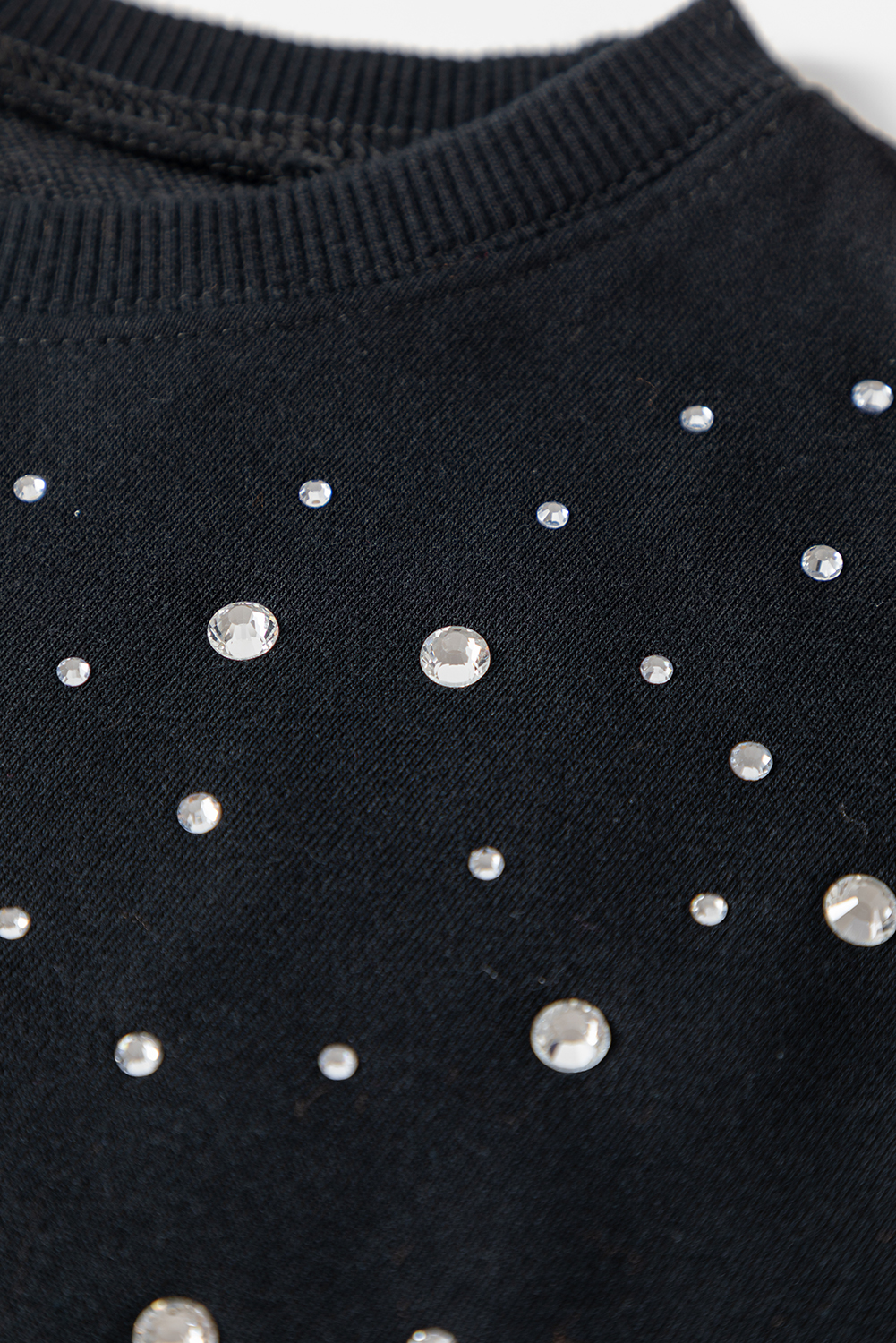 Black Rhinestone Embellished Drop Shoulder Ribbed Cuffs Wholesale Sweatshirt - loveforevers