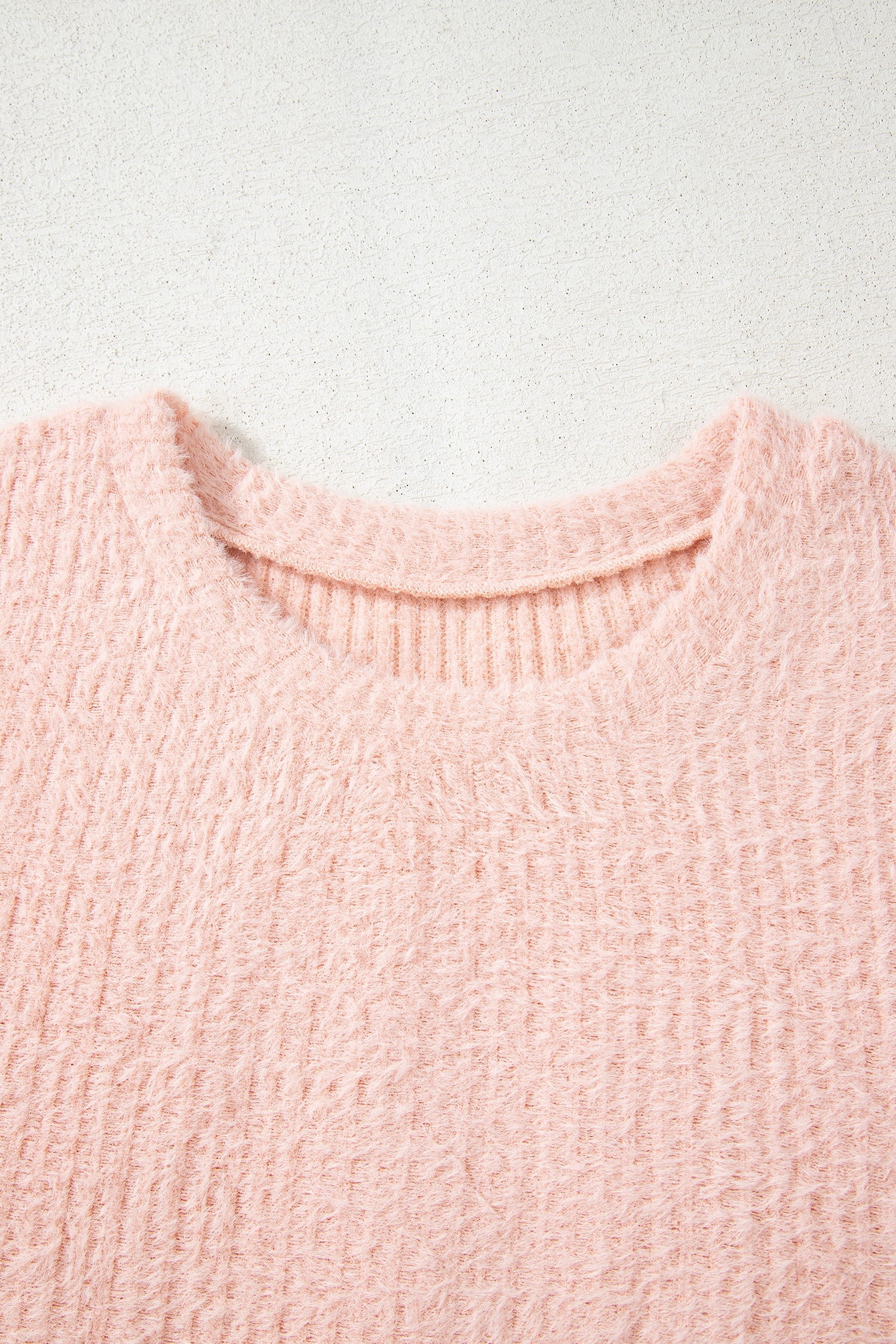 Light Pink Fuzzy Ribbed Texture Round Neck Long Sleeve Top - loveforevers