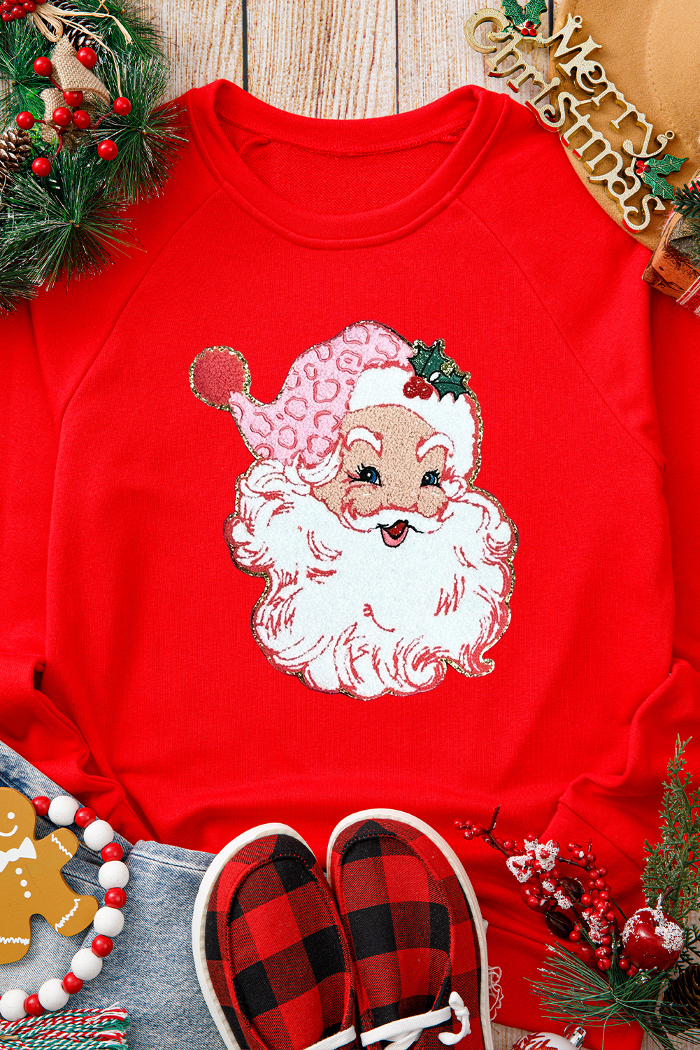 Red Santa Claus Graphic Crewneck Raglan Sleeve Christmas Sweatshirt - loveforevers