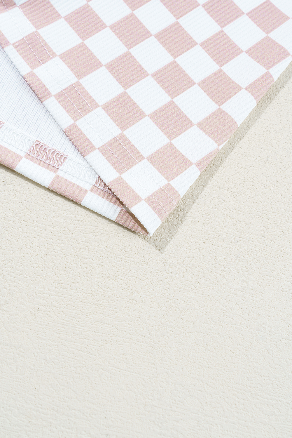 Pink Checkered Ribbed Slim Fit Crew Neck T Shirt - loveforevers