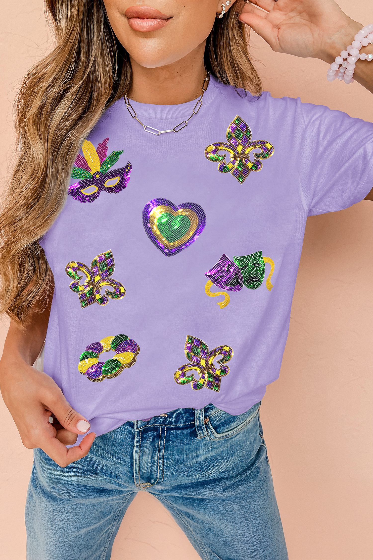 White Sequined Mardi Gras Symbolic Pattern Casual Tee - loveforevers