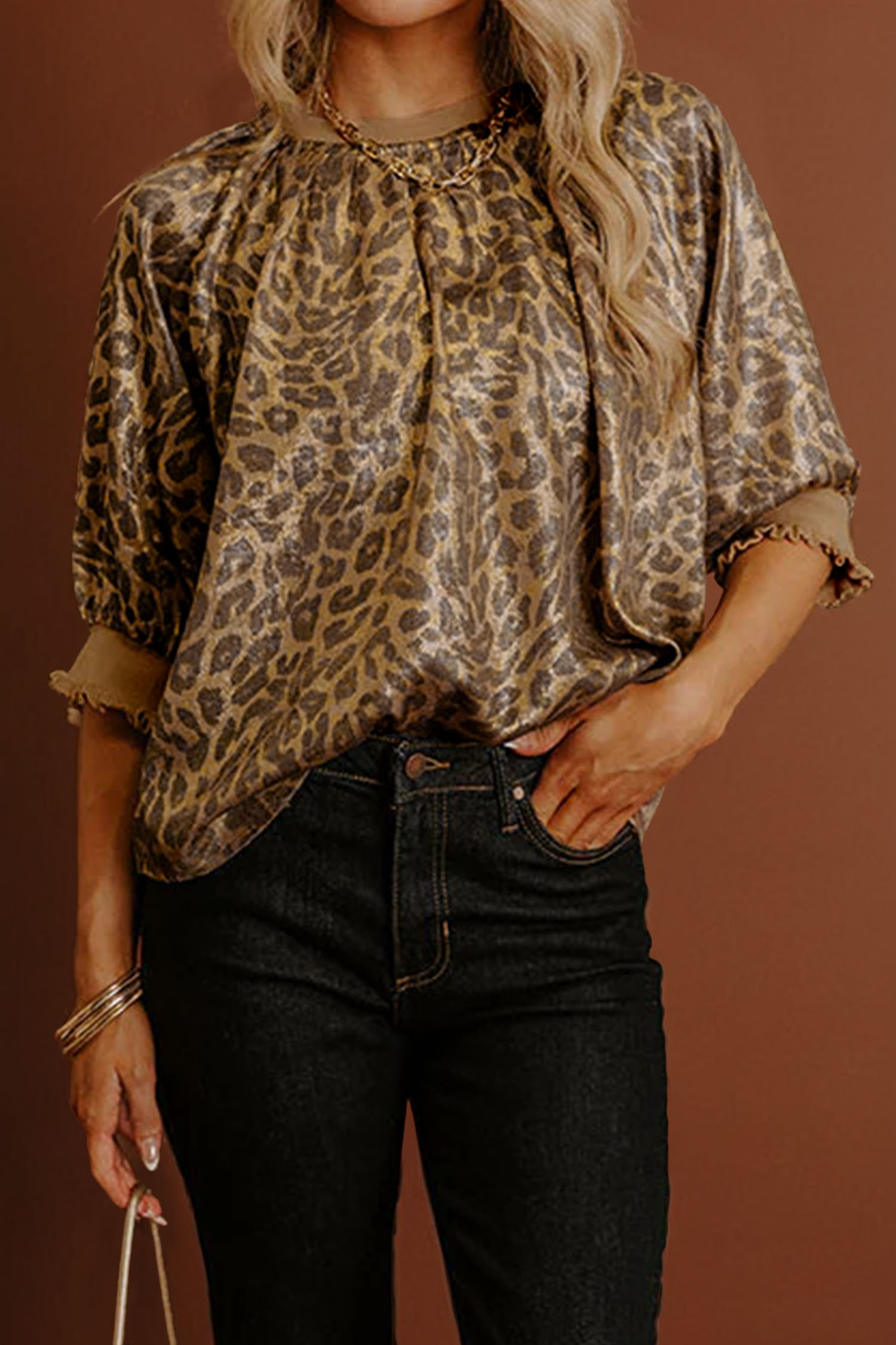 Gold  Half Sleeve Metallic Leopard Print Blouse - loveforevers
