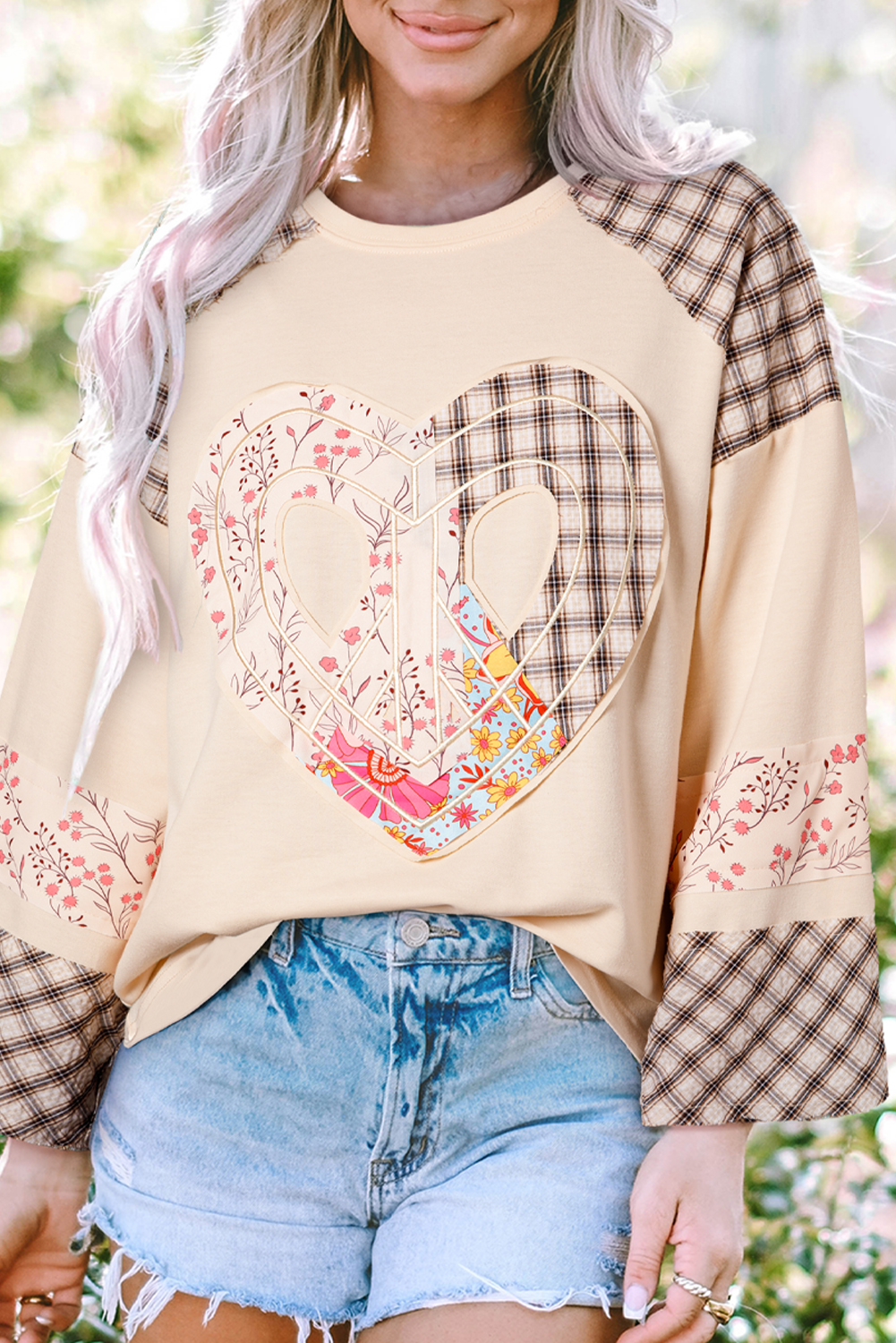 Beige Flower Patch Graphic Exposed Seam Wide Sleeve Top - loveforevers