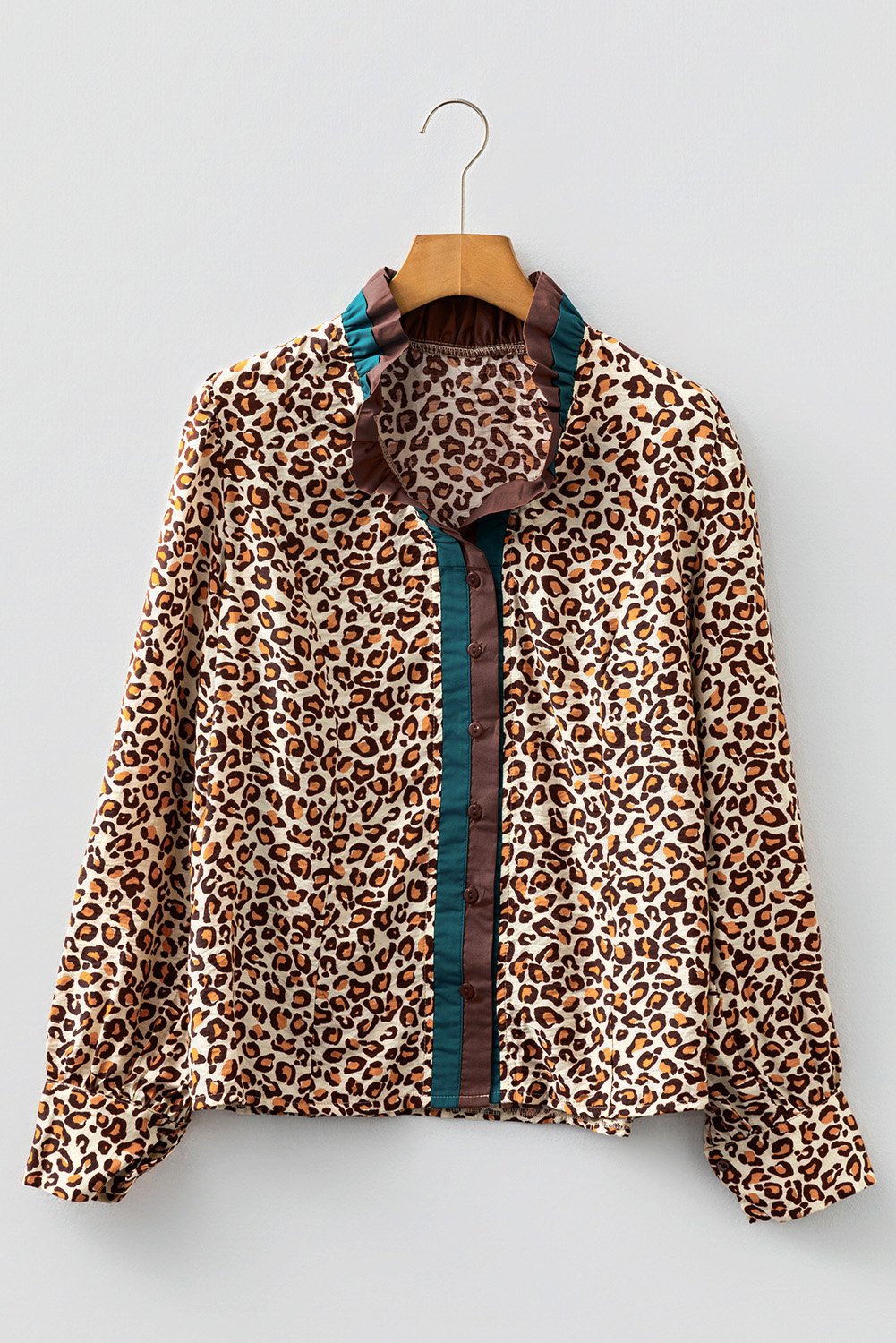 Brown Leopard Print Contrast Frilled Trim Button Down V Neck Shirt - loveforevers