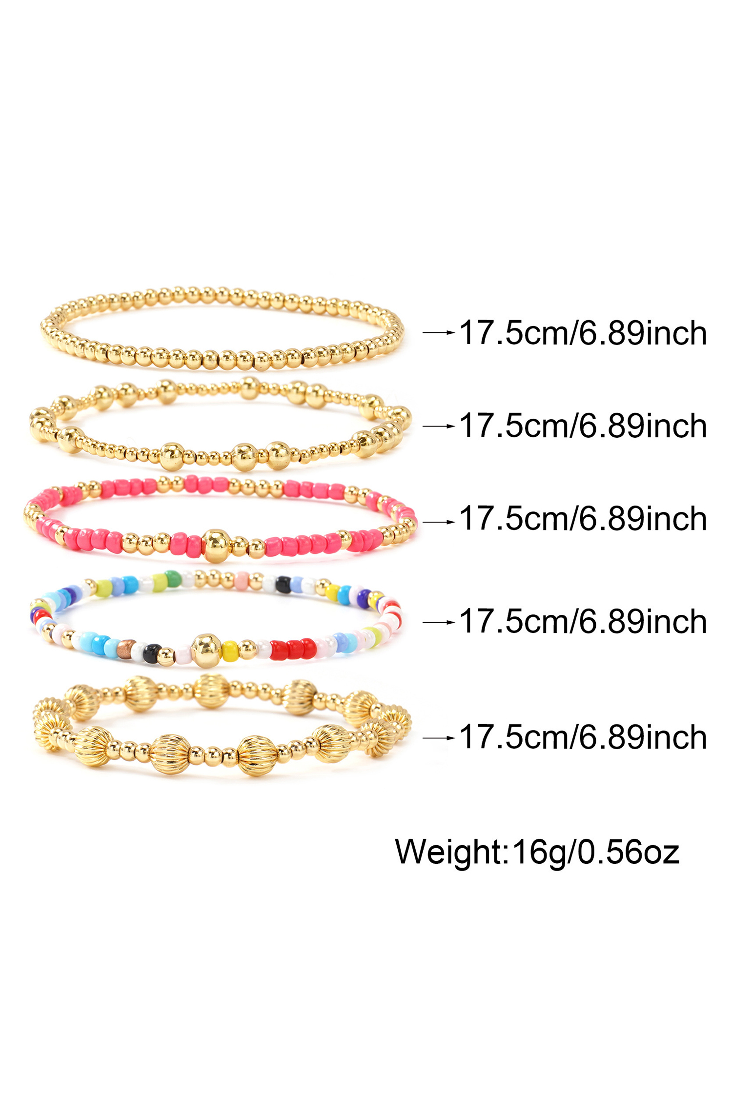 Gold 5pcs Vibrant Beading Stackable Elastic Bracelet Set - loveforevers