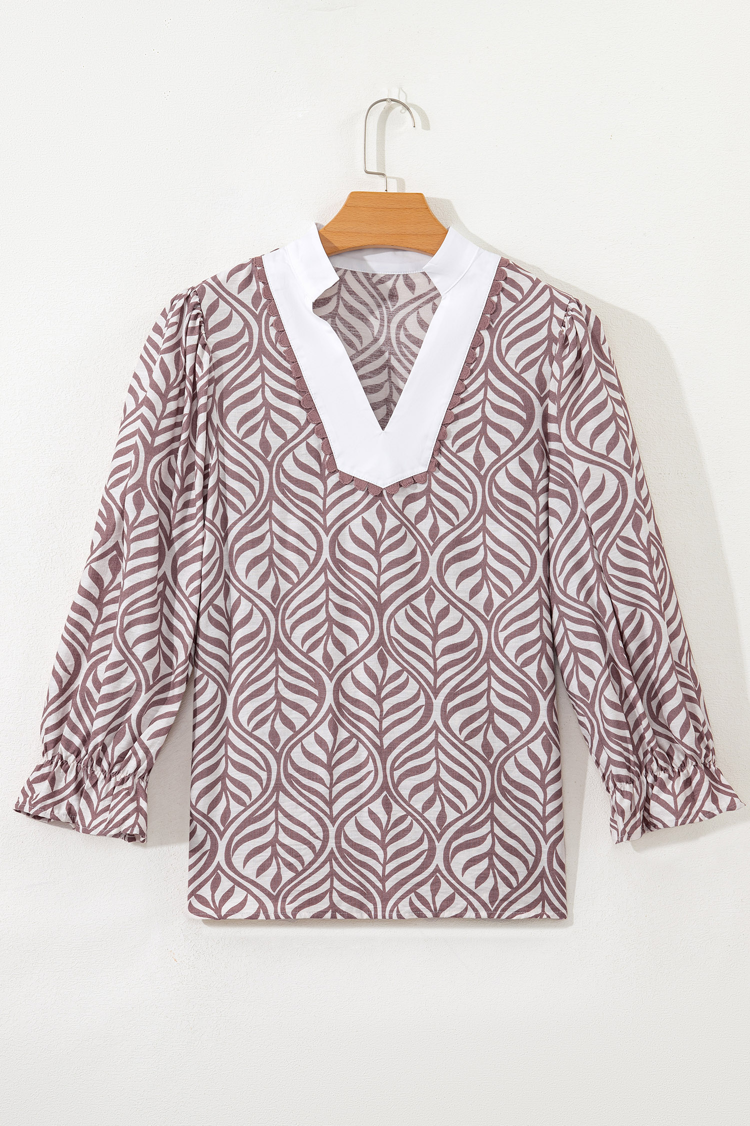 Brown Leaf Print Standing Collar Puff Sleeve Top - loveforevers