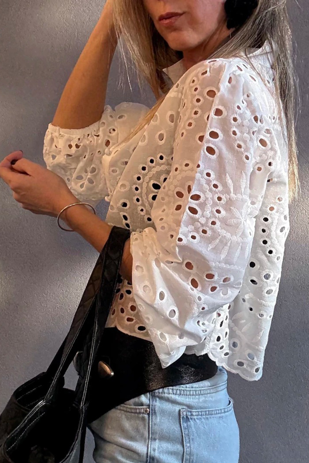 White Eyelet Embroidered Puff Sleeve Crop Shirt - loveforevers