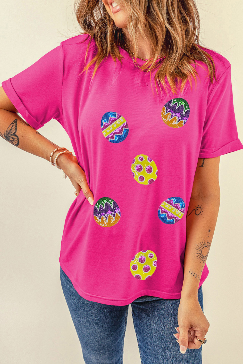 Rose Red Easter Eggs Patched Crew Neck Graphic Tee - loveforevers