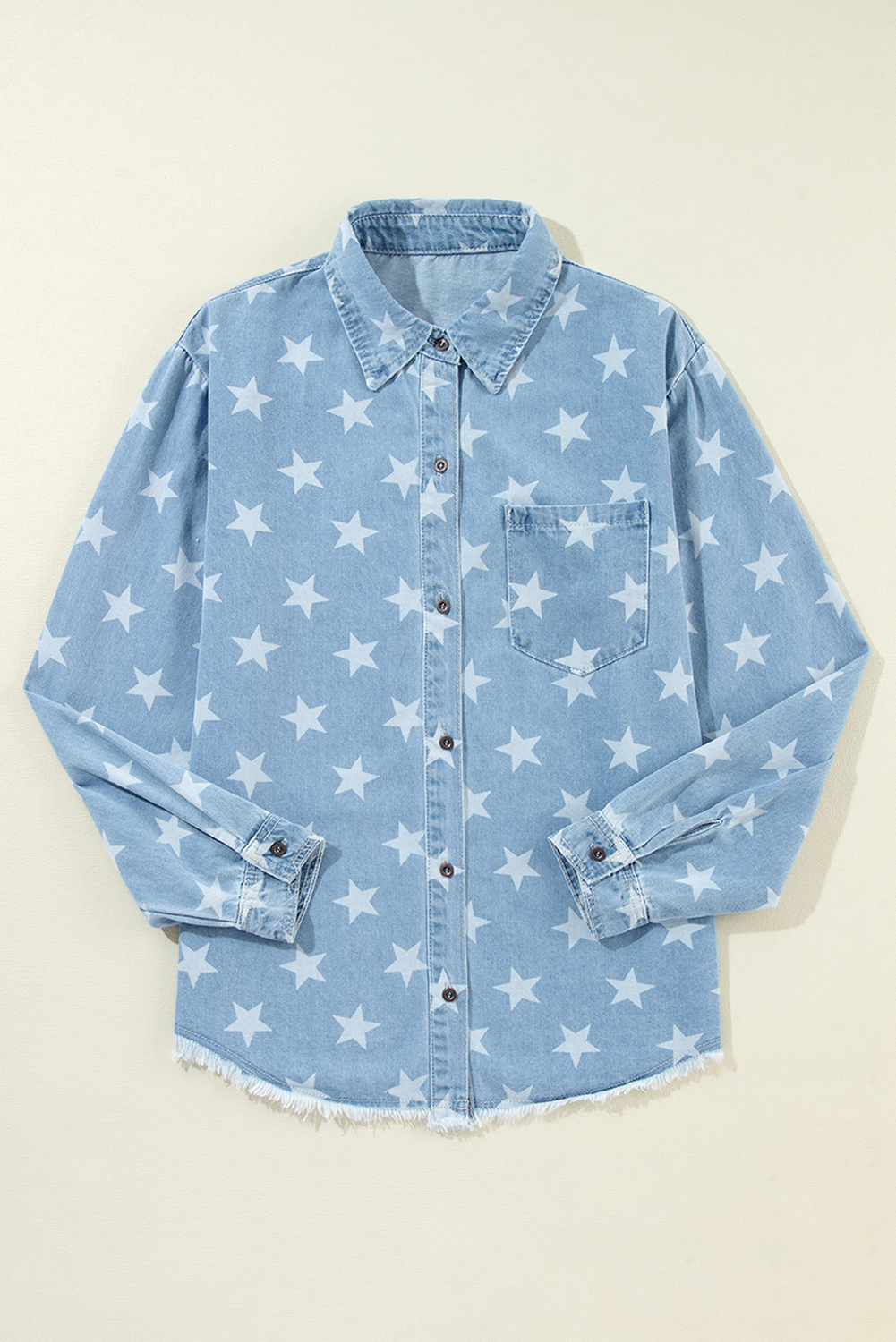 Sky Blue Star Print Light Wash Raw Hem Denim Jacket - loveforevers