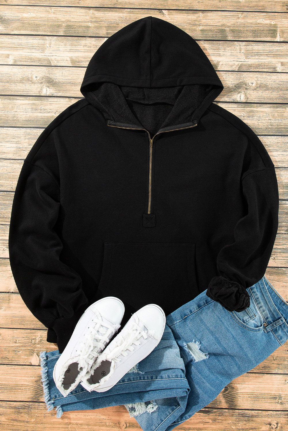 Bonbon Fleece Lined Half Zipper Kangaroo Pockets Loose Hoodie - loveforevers